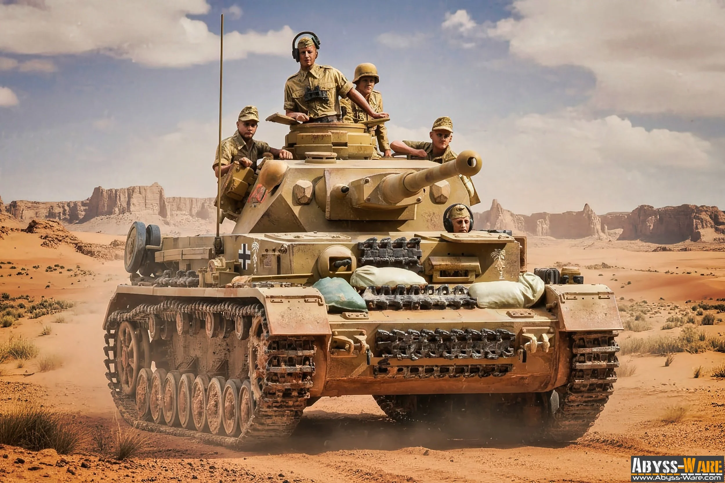 A group of soldiers riding in a desert tank with a landscape of rocky buttes and sandy terrain in the background, under a partly cloudy sky.
