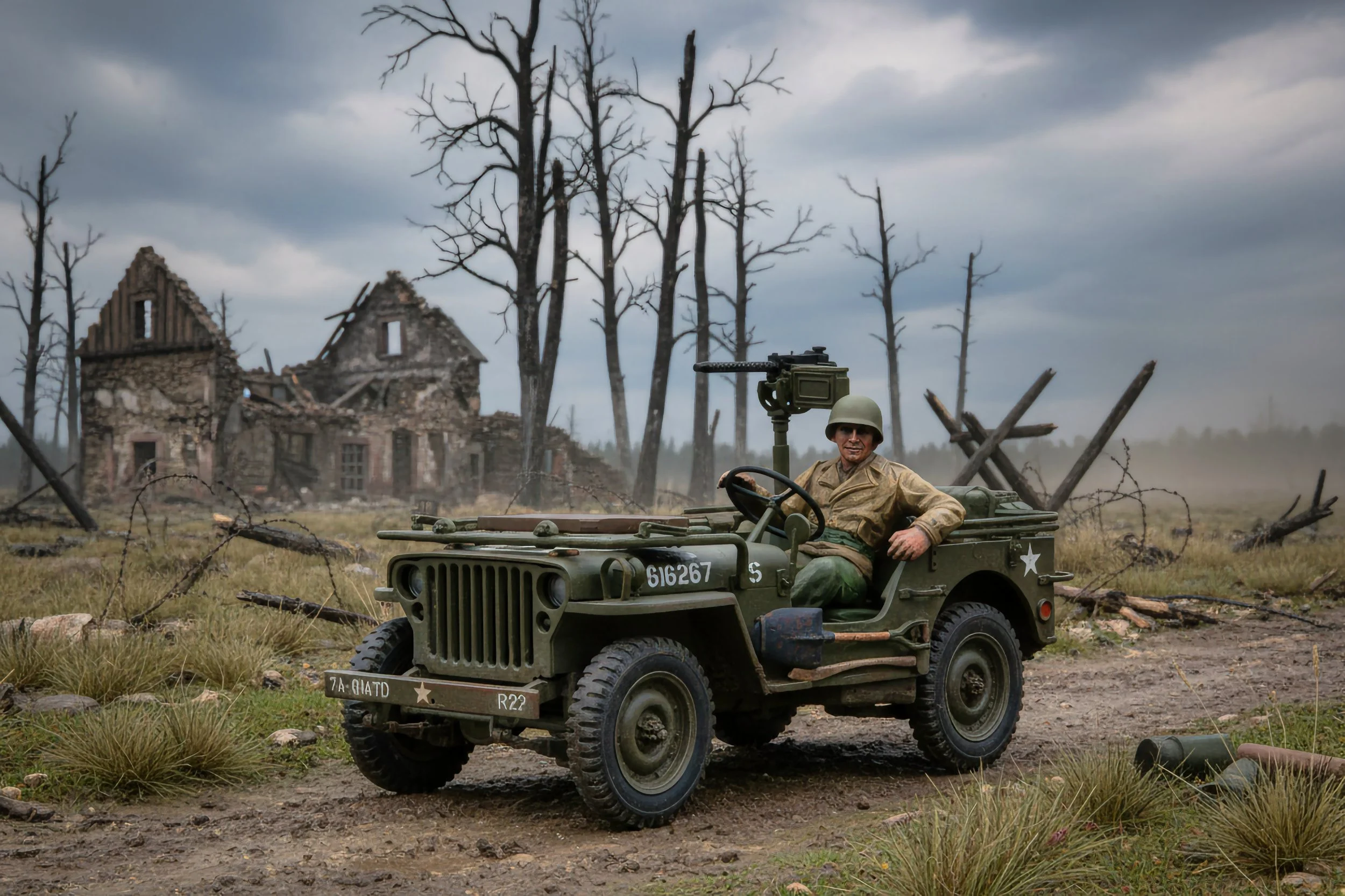 A military jeep with a soldier sitting inside, wearing a helmet and uniform, in a war-torn area with destroyed buildings and leafless trees.