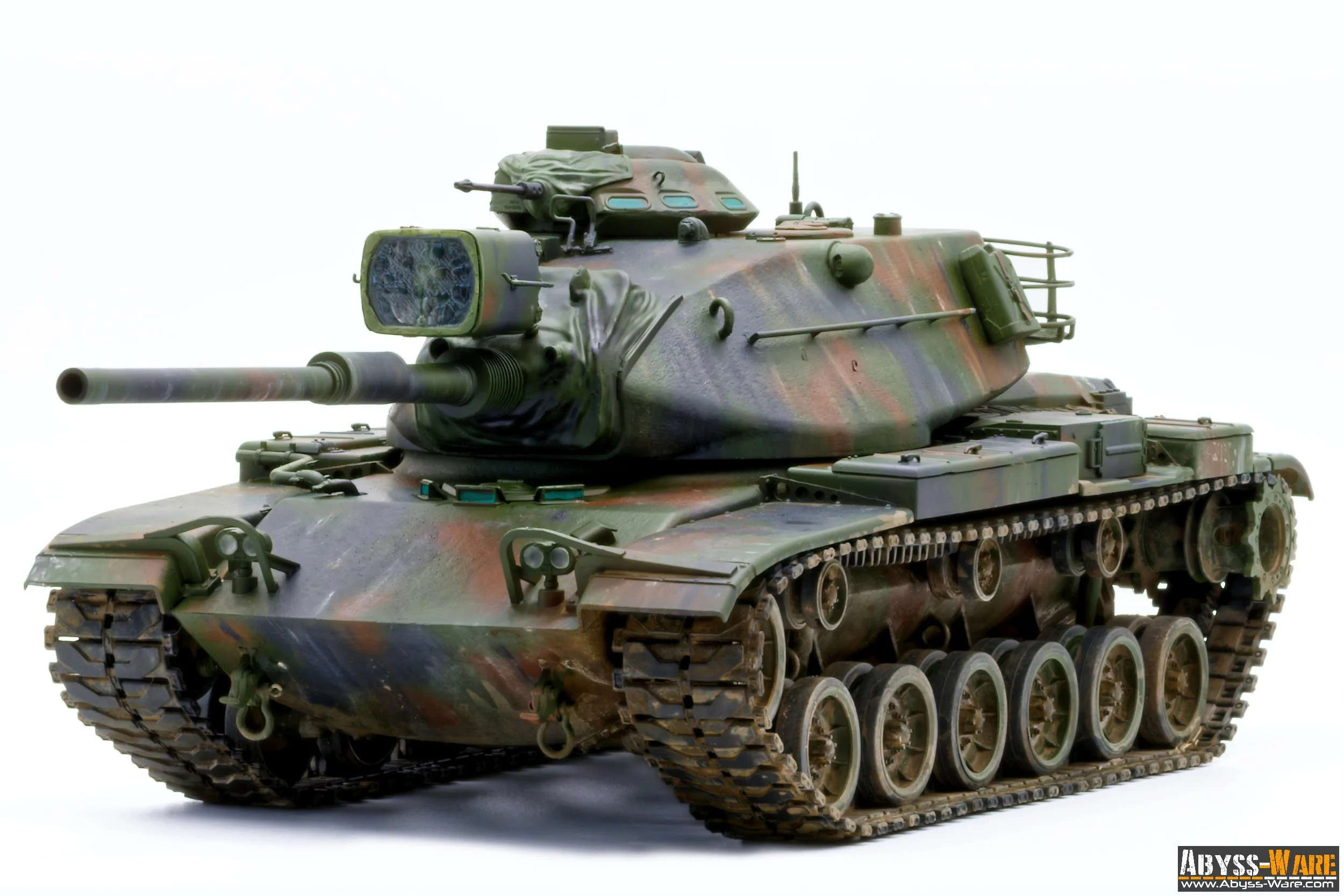 A military tank painted in camouflage colors against a white background.