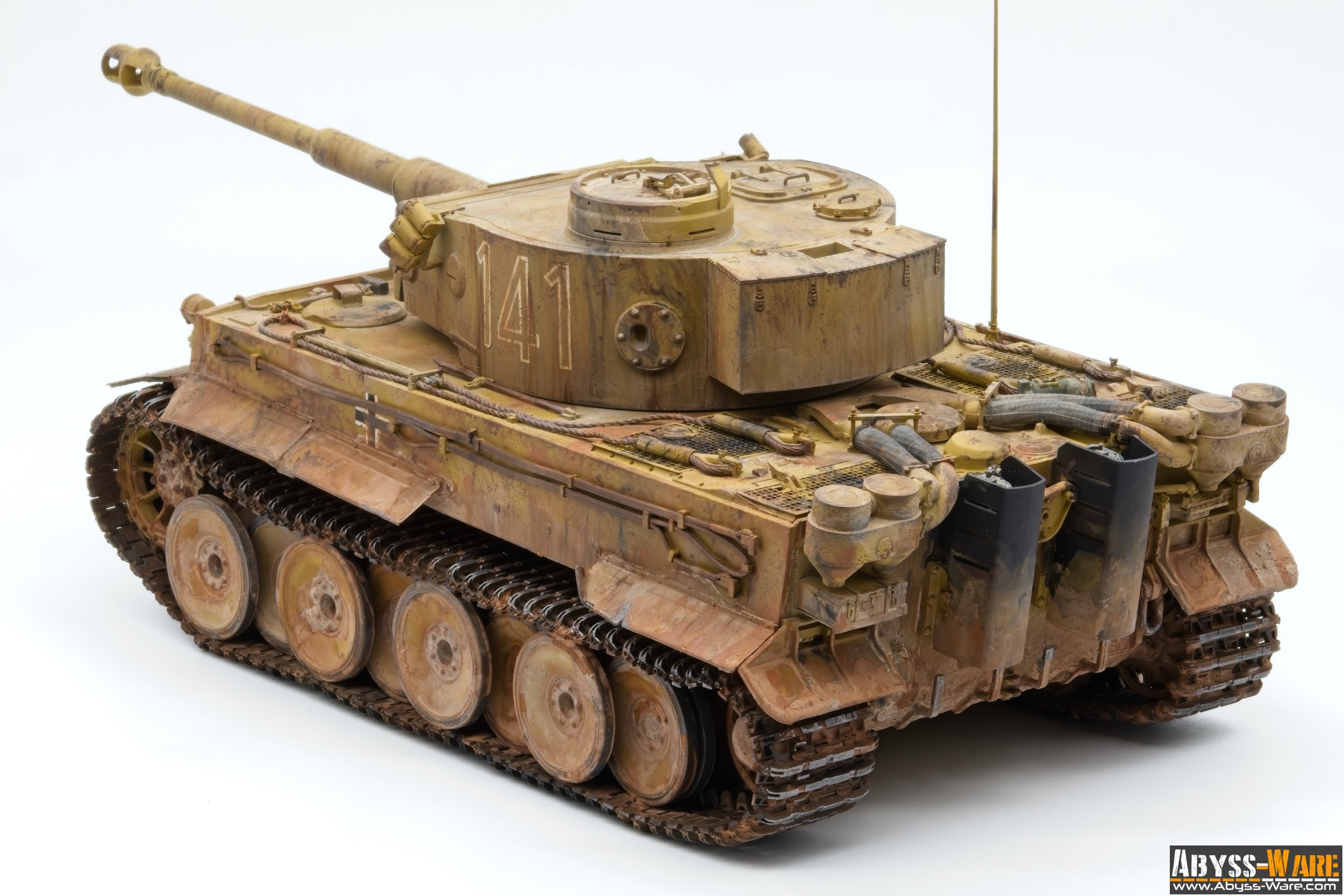 A detailed model of a military tank with a weathered, rusty appearance, featuring a long barrel, tracked wheels, and various components on the surface, displayed against a plain white background.
