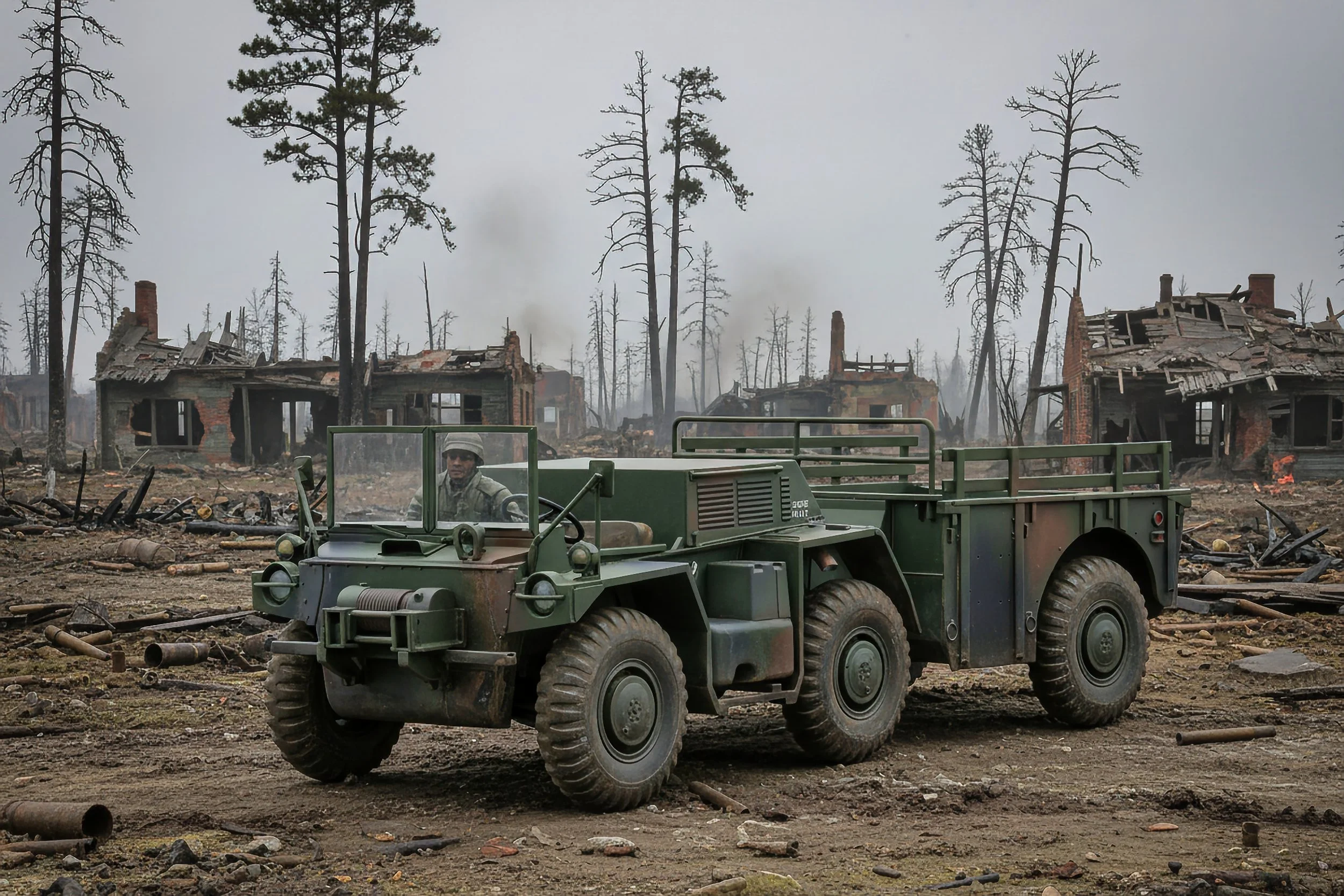 A military vehicle is parked on a devastated landscape with burnt and destroyed buildings in the background, and smoke rising in the sky.