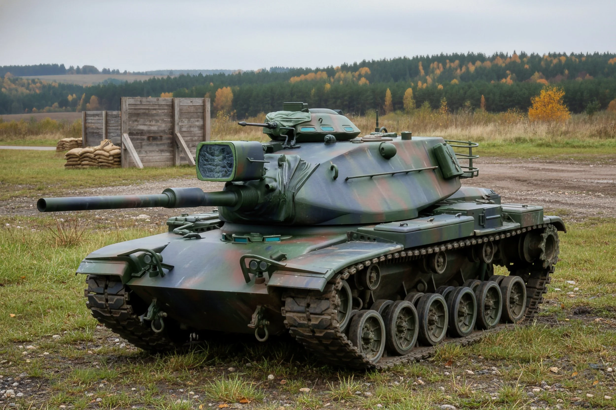 A military tank with green camouflage paint, equipped with a long barrel, turret, and tracked wheels, positioned outdoors on a grassy field with a background of trees and a dirt road.