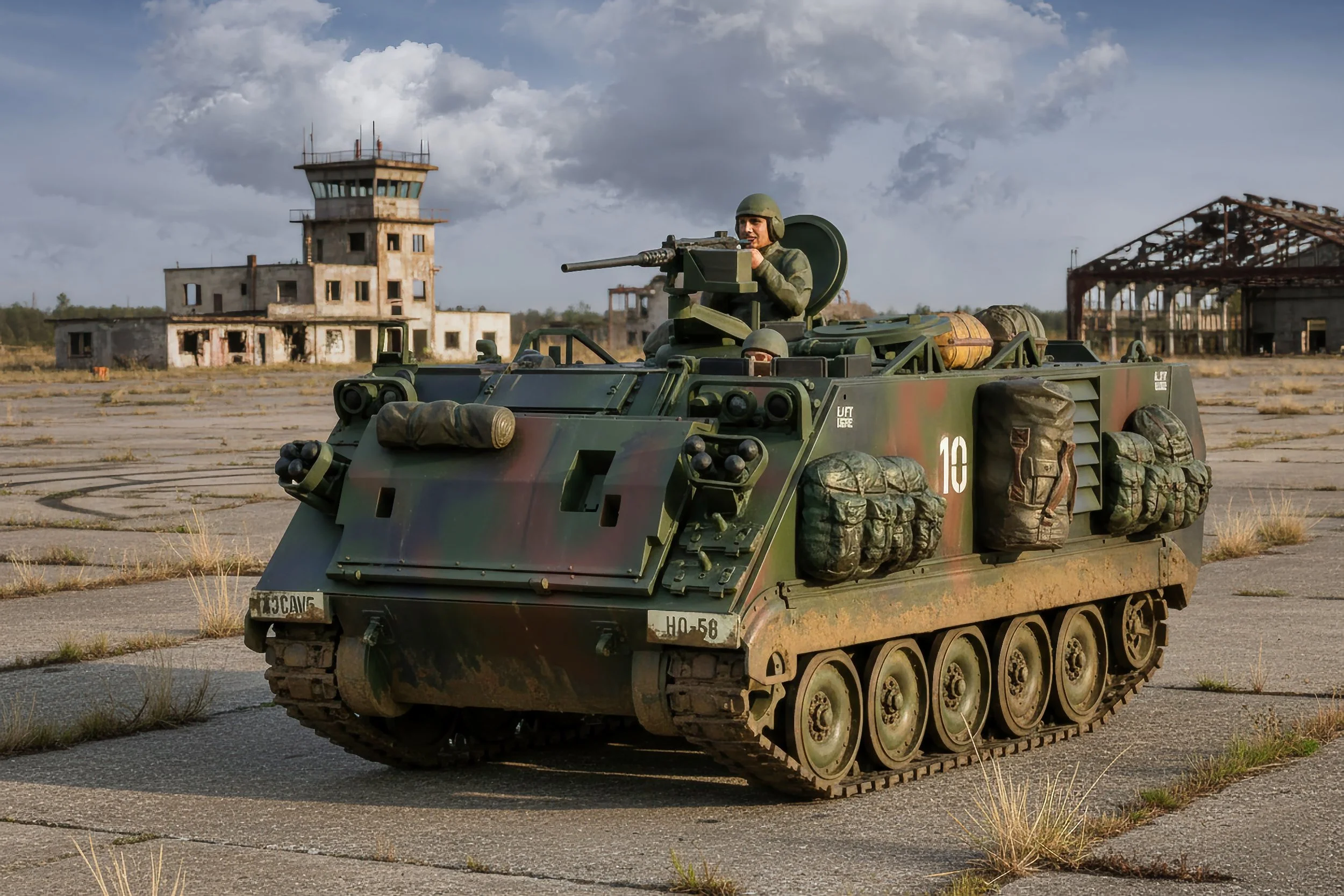 A military tank with a soldier inside, parked on a deserted airstrip with abandoned buildings in the background.