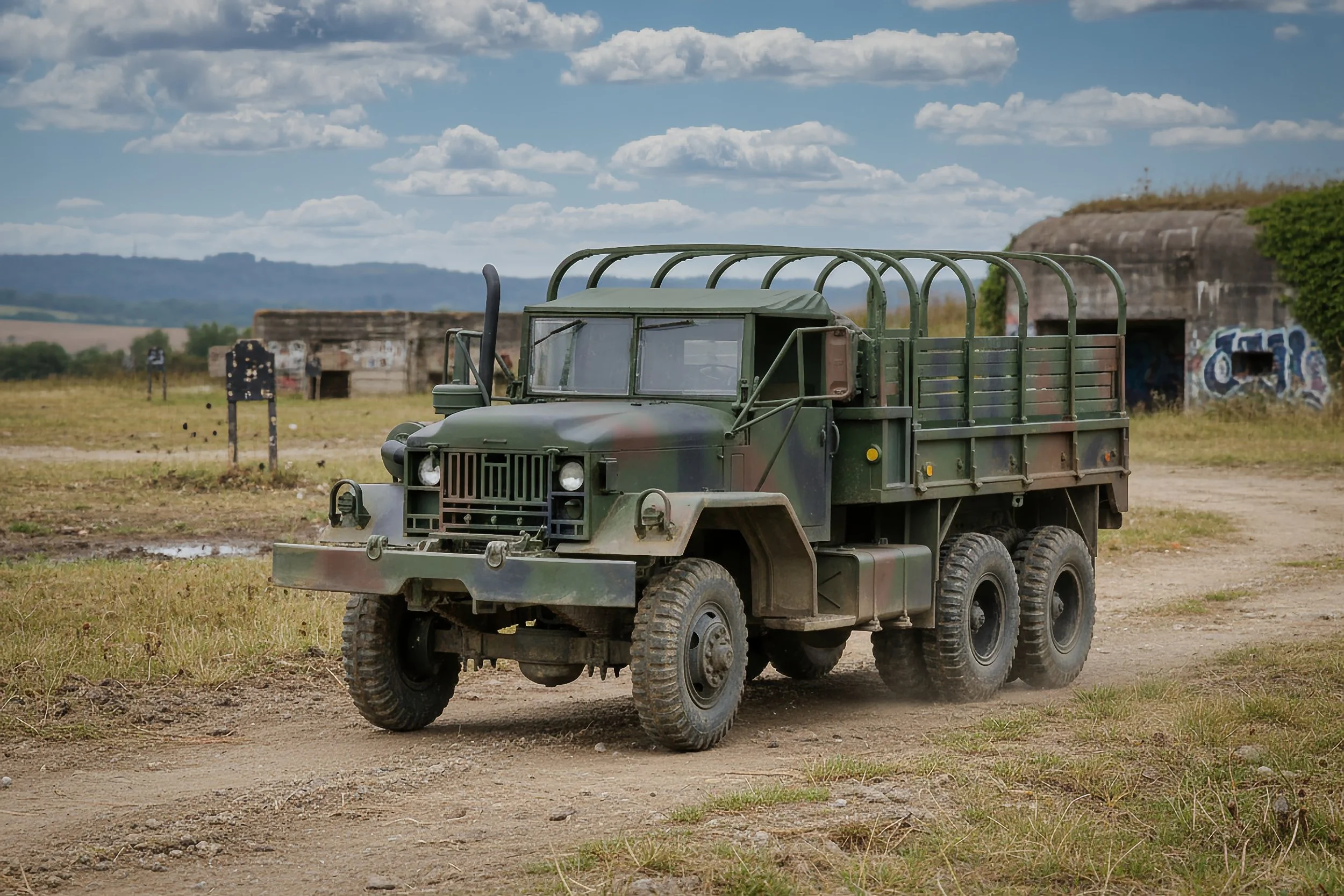 A military truck with a camouflage pattern driving on a dirt road in a rural area with grass and abandoned buildings in the background.