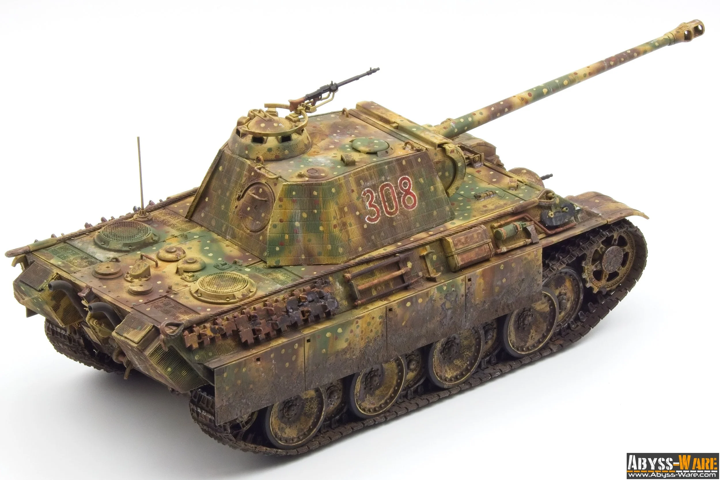 Detailed scale model of a military tank with camouflage paint, the number 308 on the turret, and realistic weathering effects.