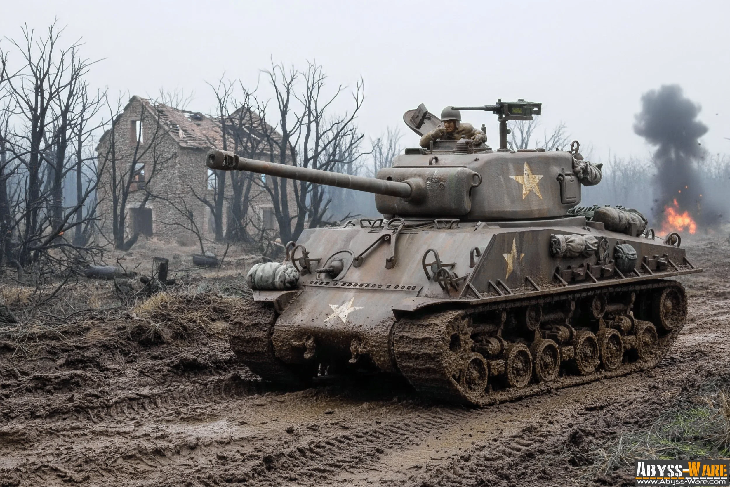 A military tank moving through a muddy, war-torn landscape with destroyed buildings and burning fires in the background.