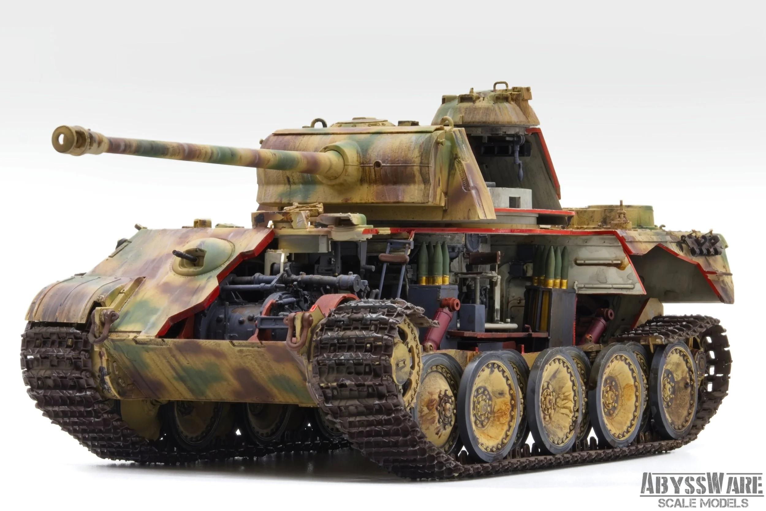A detailed model of a military tank with camouflage paint, featuring a long barrel, caterpillar tracks, and various mechanical details, placed against a plain white background.