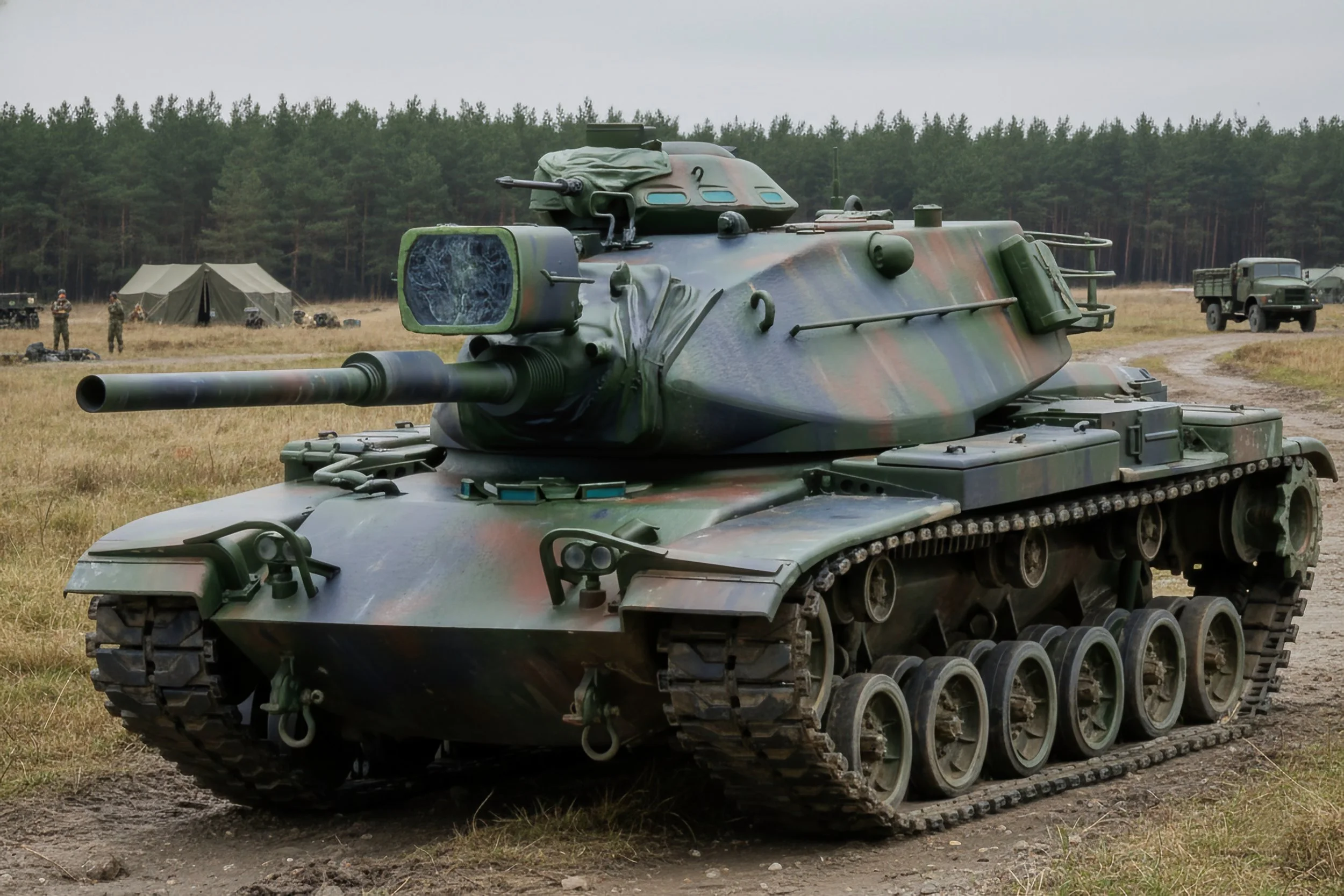 A military tank painted in camouflage colors situated in an open field, with soldiers and military vehicles in the background.