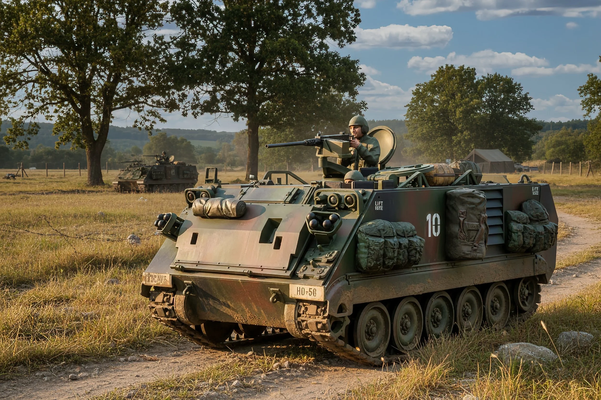 Military personnel in armored vehicle with mounted gun in open field with trees and blue sky.