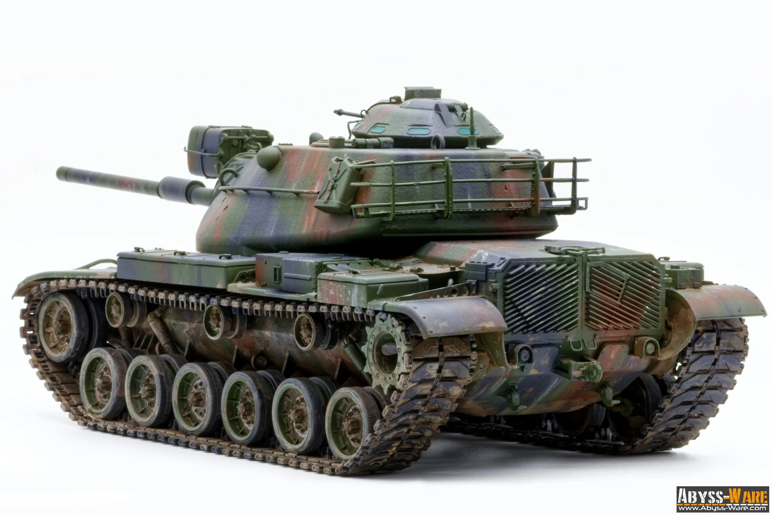 A realistic model of a military tank with camouflage paint, on a white background.