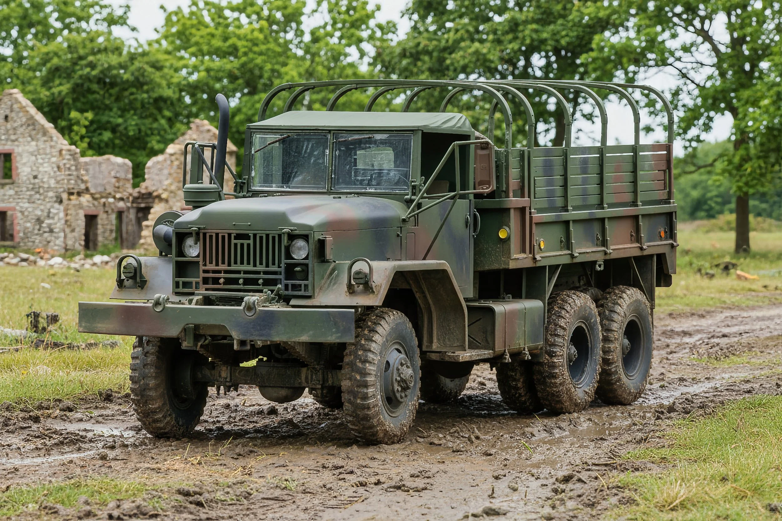 Militaristic truck with camouflage paint driving on a muddy field, with trees and ruins of stone buildings in the background.