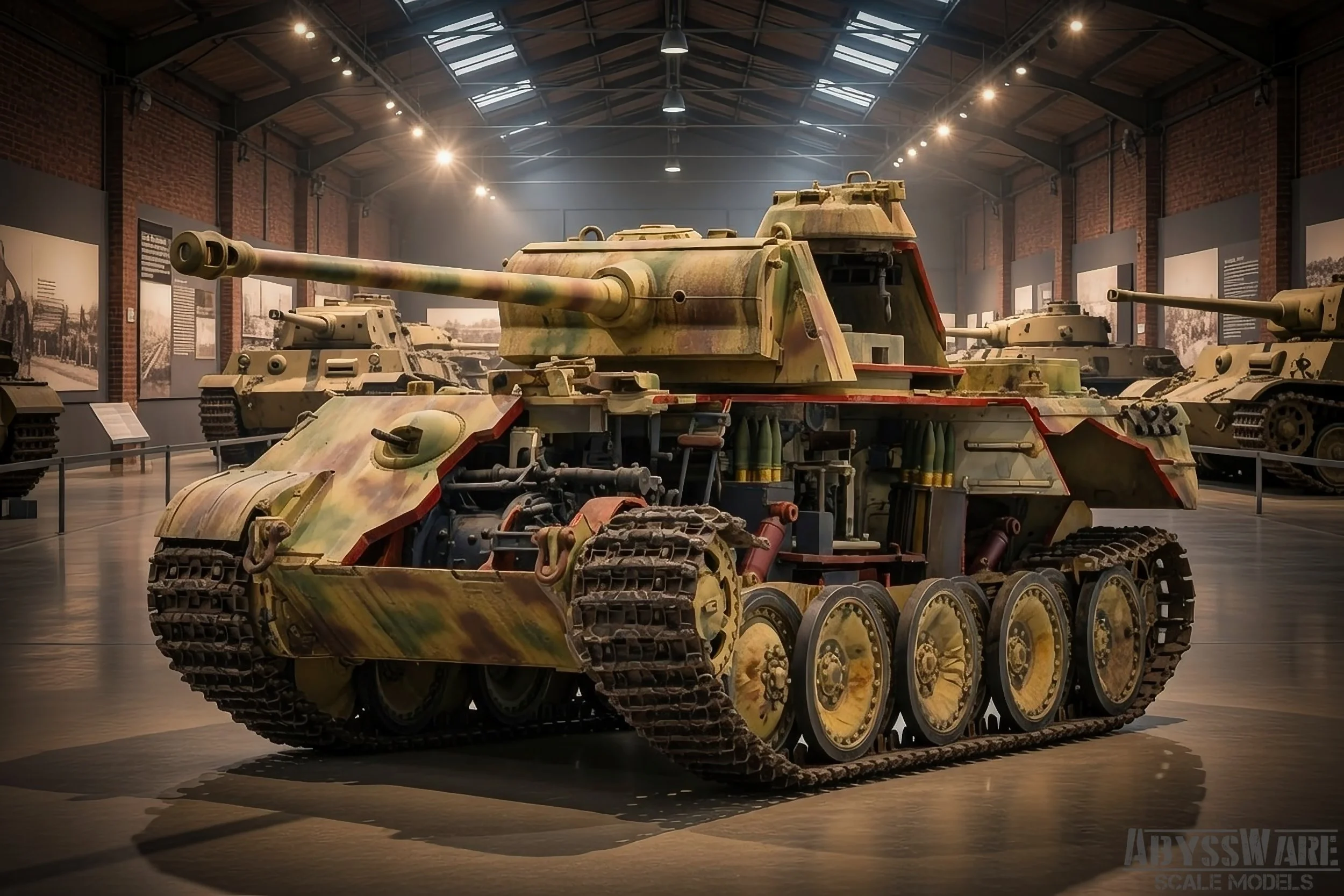 A military tank displayed in a museum with other tanks in the background.