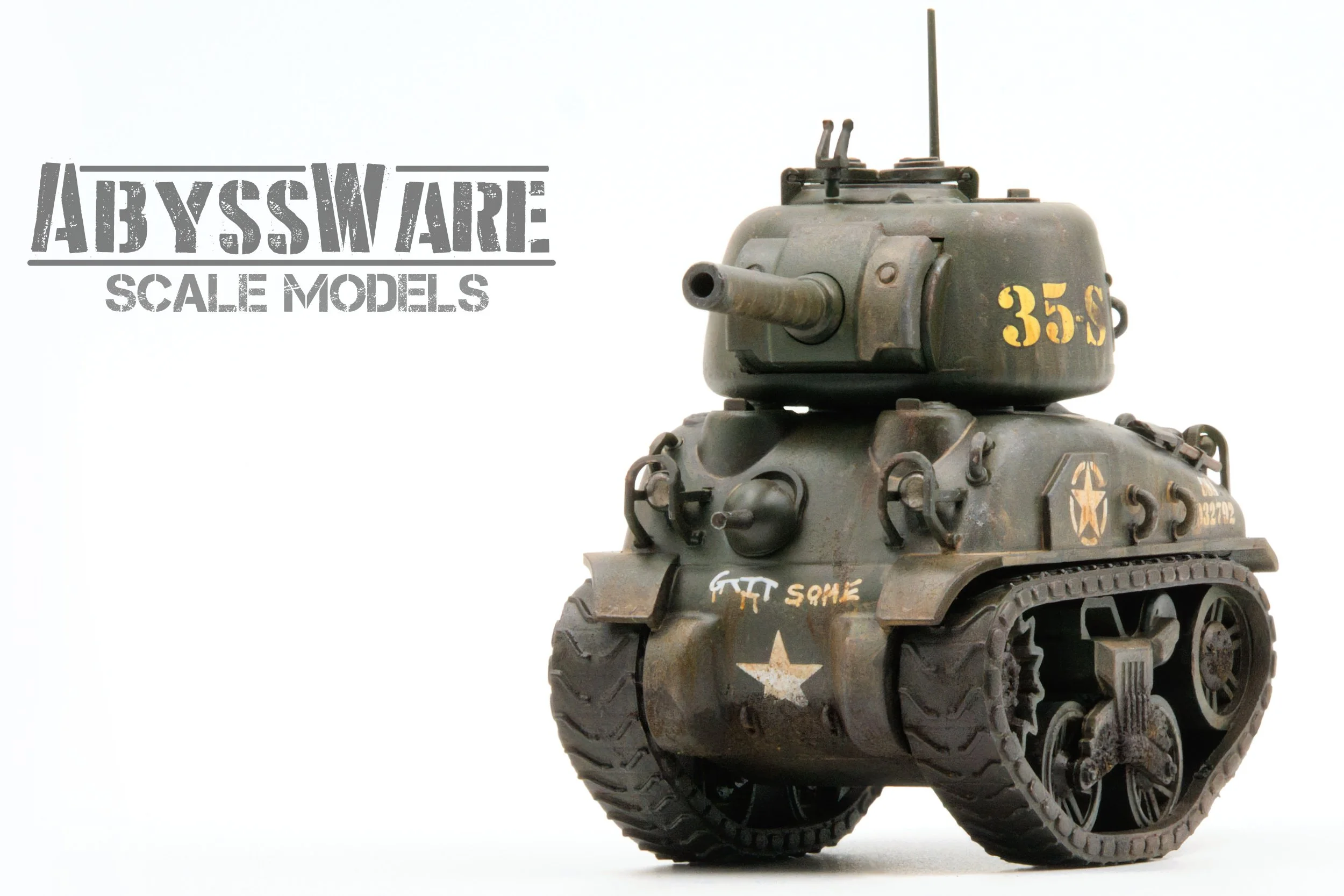 A detailed scale model of a SHERMAN toon tank with weathered paint, markings including a star and text, and rubber tracks, set against a plain white background with the text 'Abyssware Scale Models' on the left.