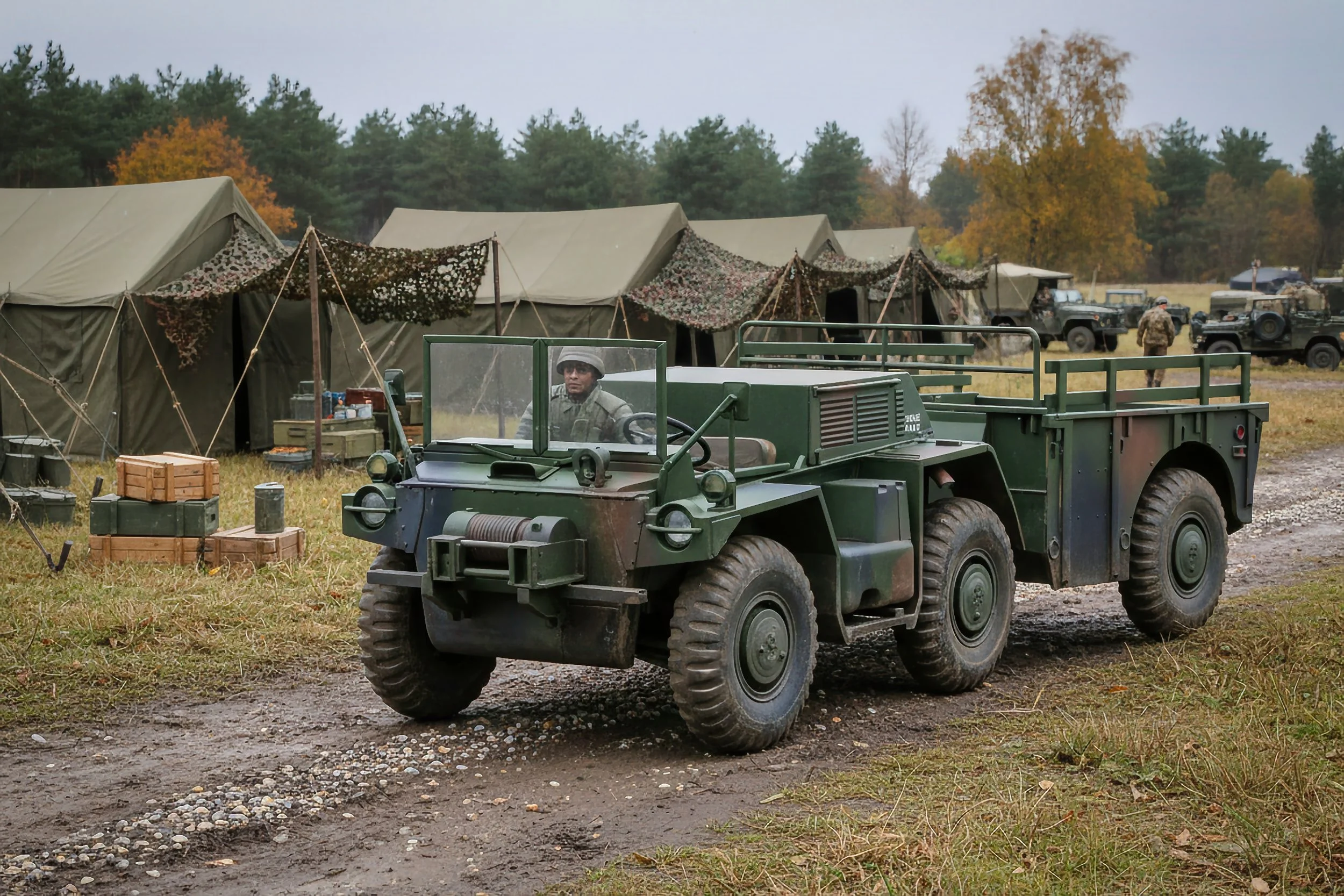 Military vehicle on a dirt path near green tents in a field with trees and soldiers in the background.