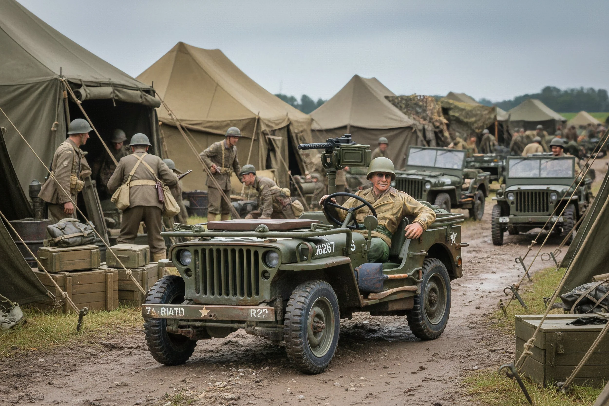 A vintage military scene with soldiers in uniform setting up tents and preparing vehicles. A smiling soldier drives a small, old-fashioned military jeep in the foreground, with other military jeeps and soldiers in the background.