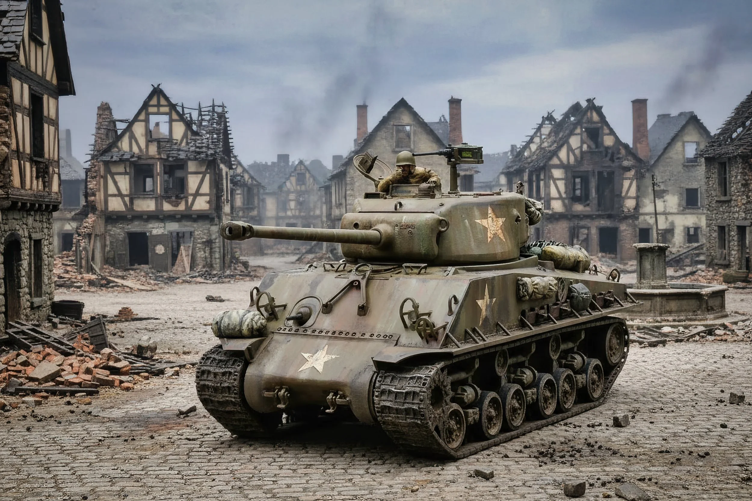 A military tank with a soldier inside navigating through a war-torn city with destroyed buildings and smoke in the background.