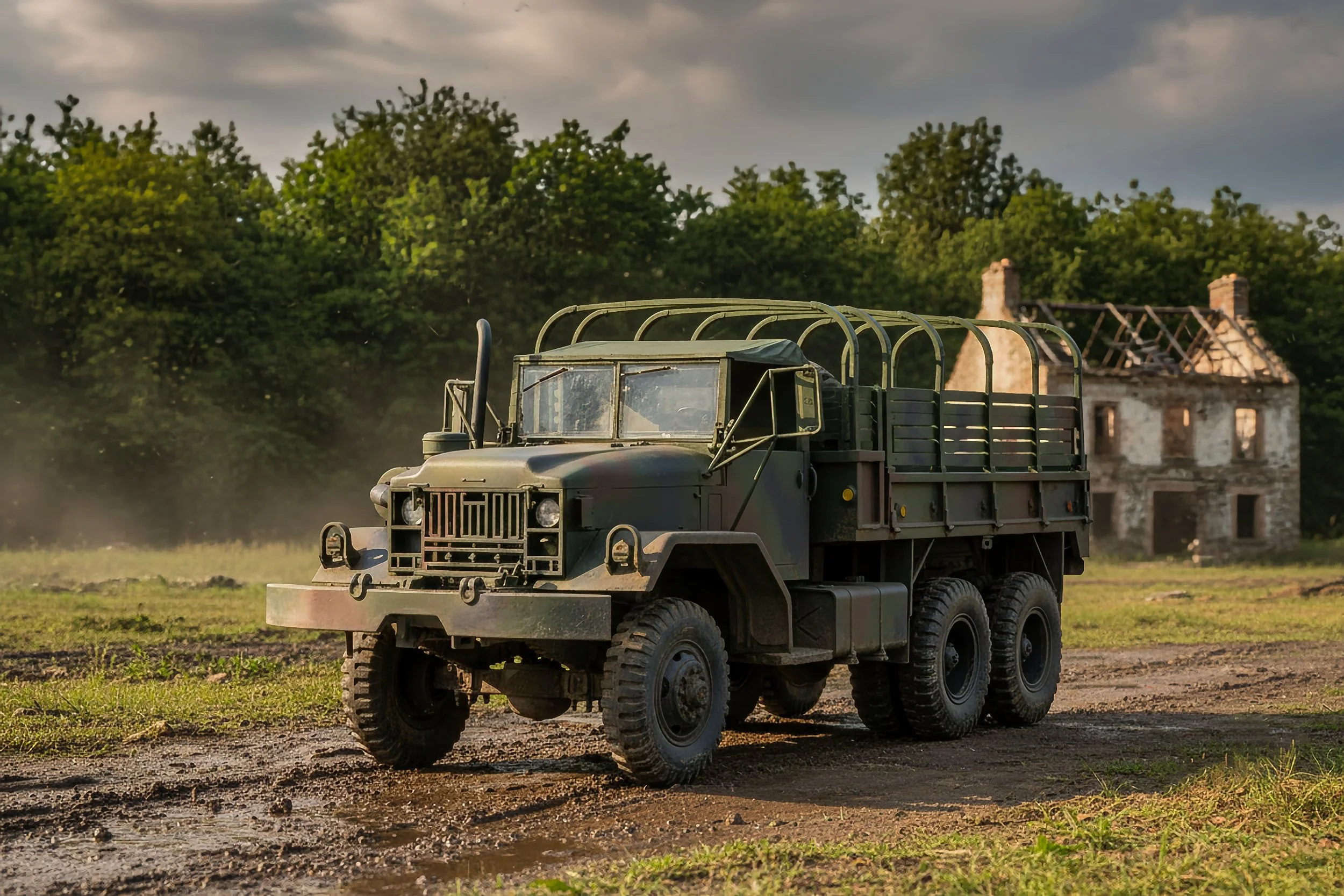 A military green truck driving on a dirt road with a dilapidated house in the background and trees surrounding the area.