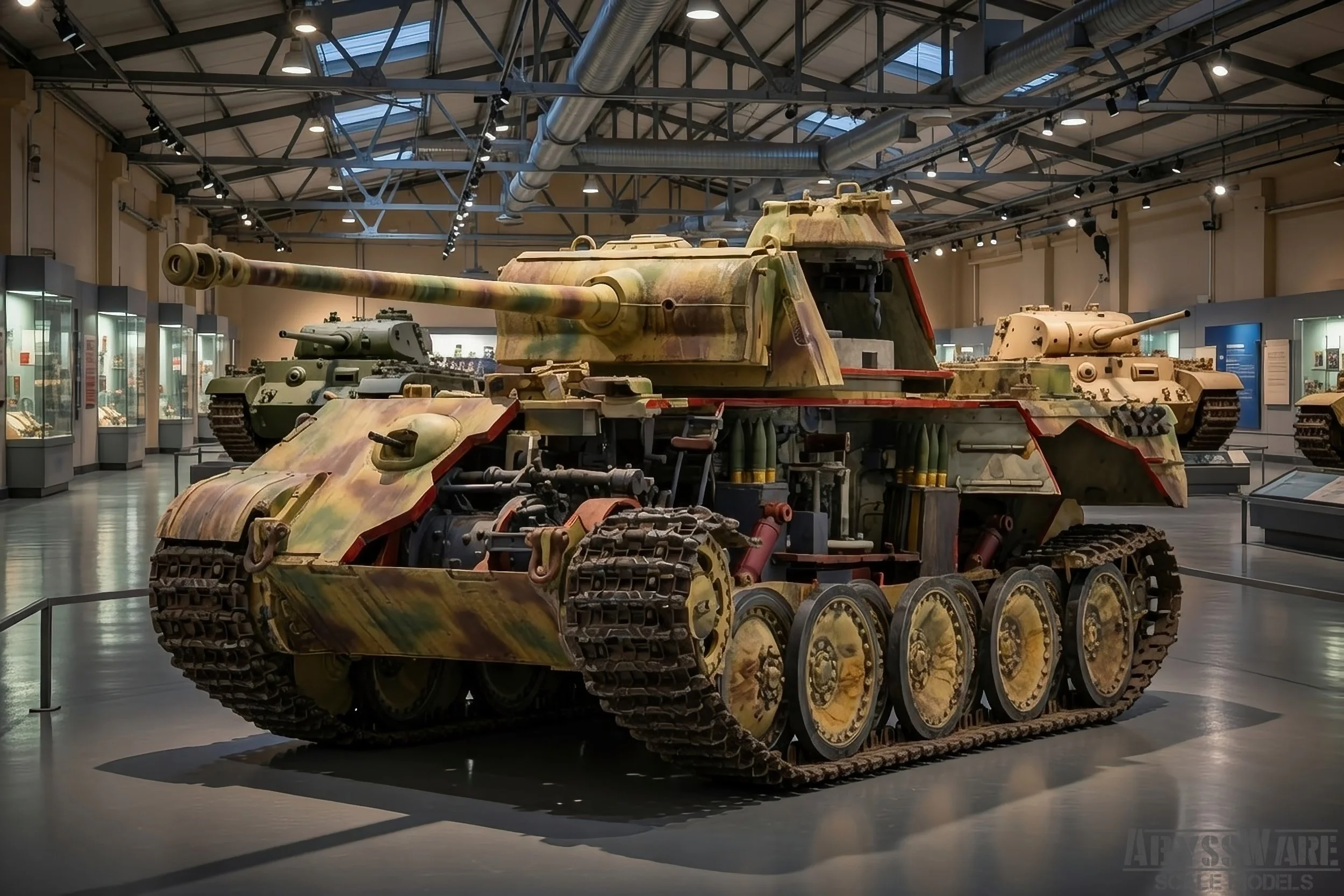A camouflage-painted tank on display in a museum with other tanks visible in the background.