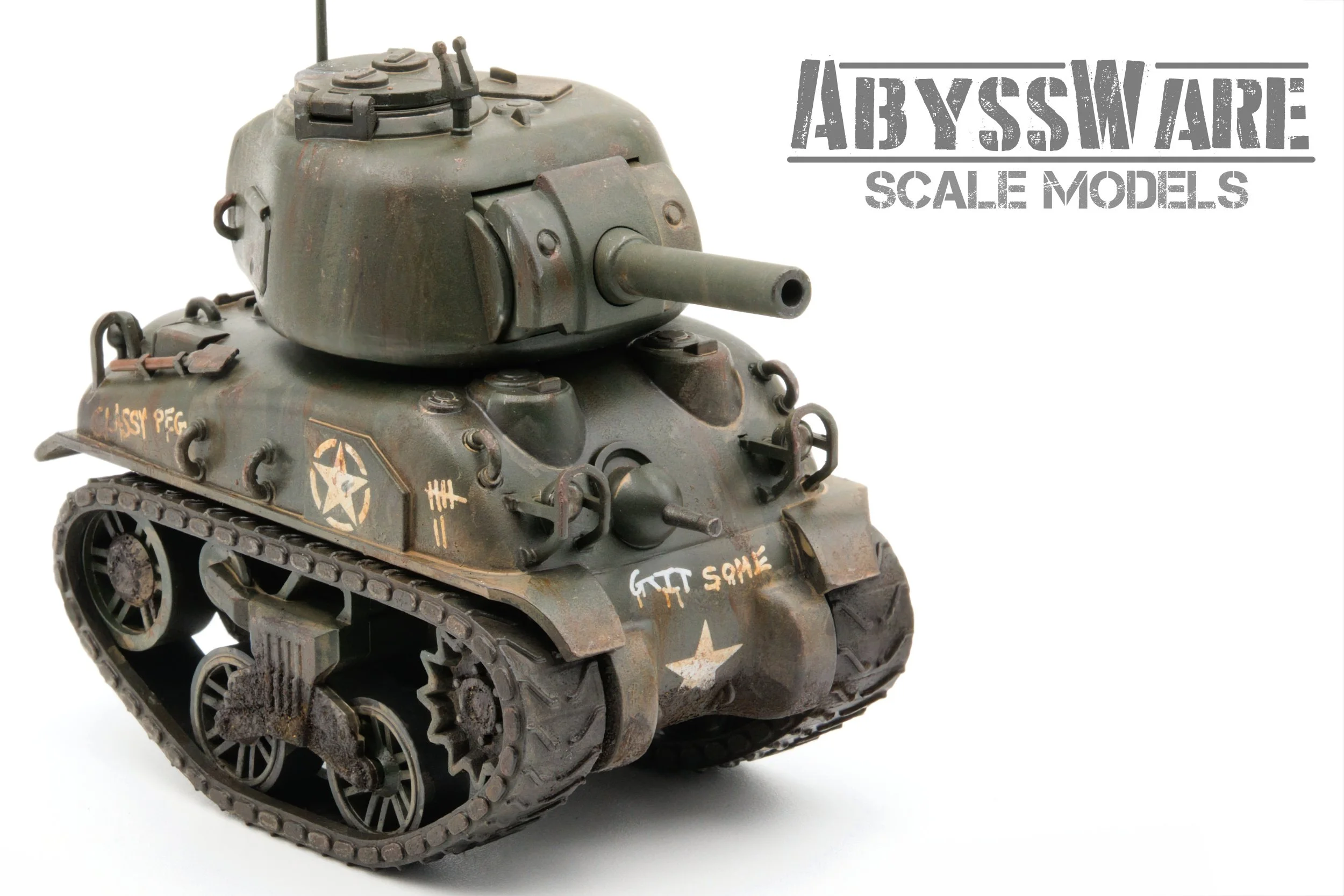 A detailed scale model of a SHERMAN toon tank with weathered paint, graffiti, and markings, positioned against a white background, with the text 'Abyssware Scale Models' in the top right corner.