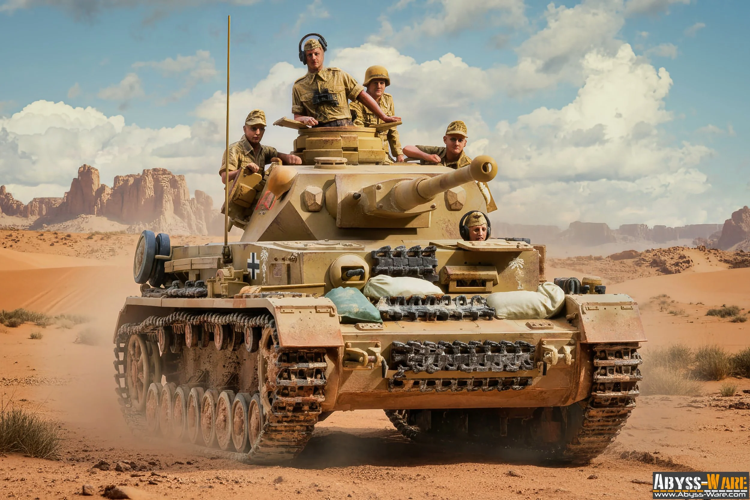 A military tank with soldiers on it moving through a desert landscape with mountains in the background.