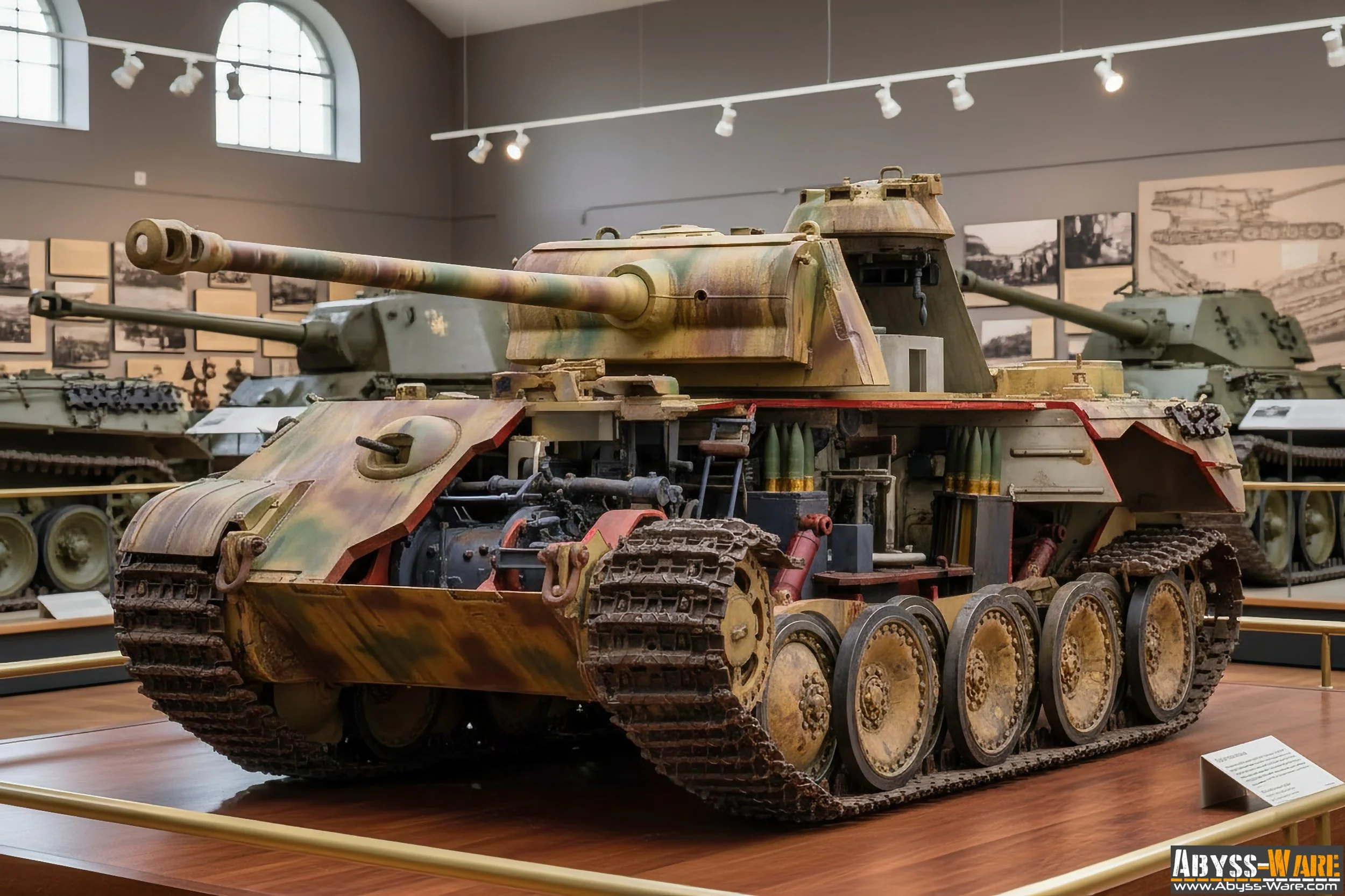 A rusted, partially disassembled military tank on display in a museum, with other tanks and black-and-white photographs in the background.