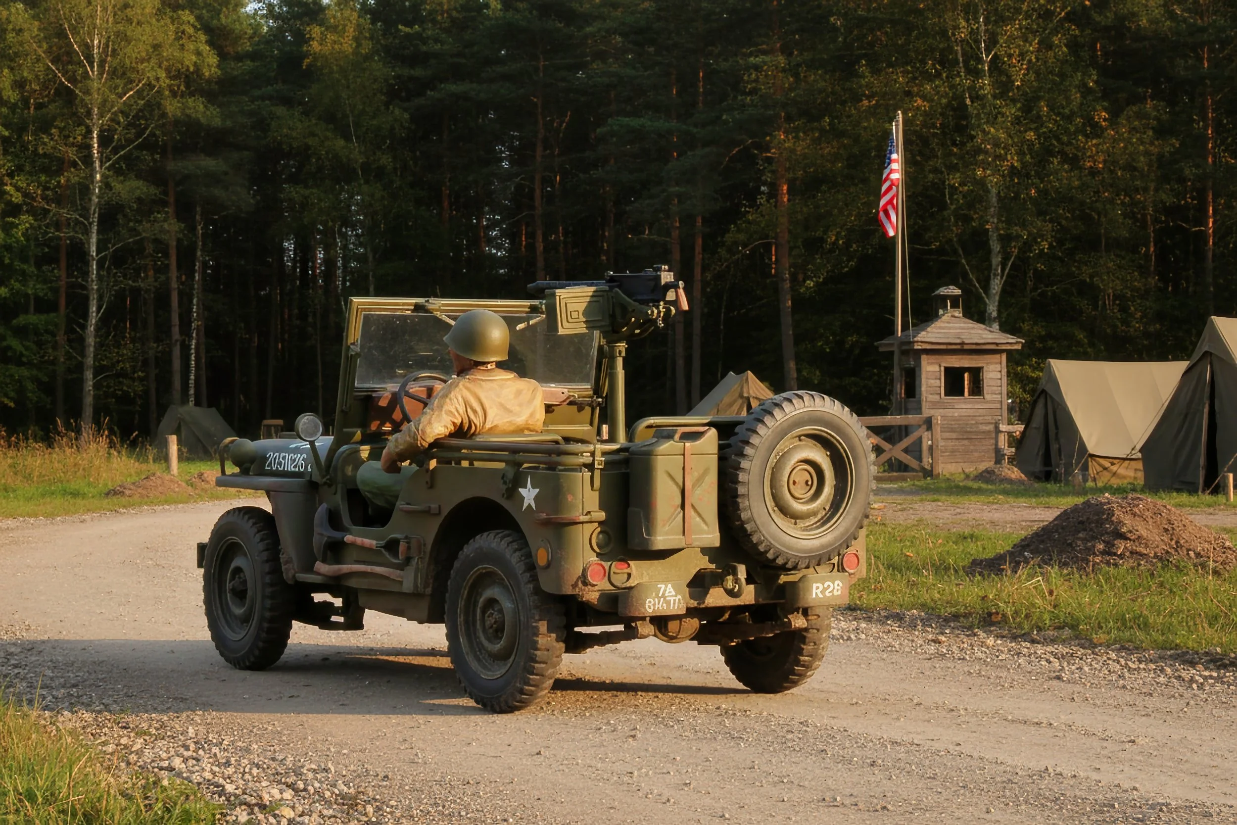 Vintage military jeep with soldier seated, surrounded by tents and a flagpole with the American flag in a wooded area.