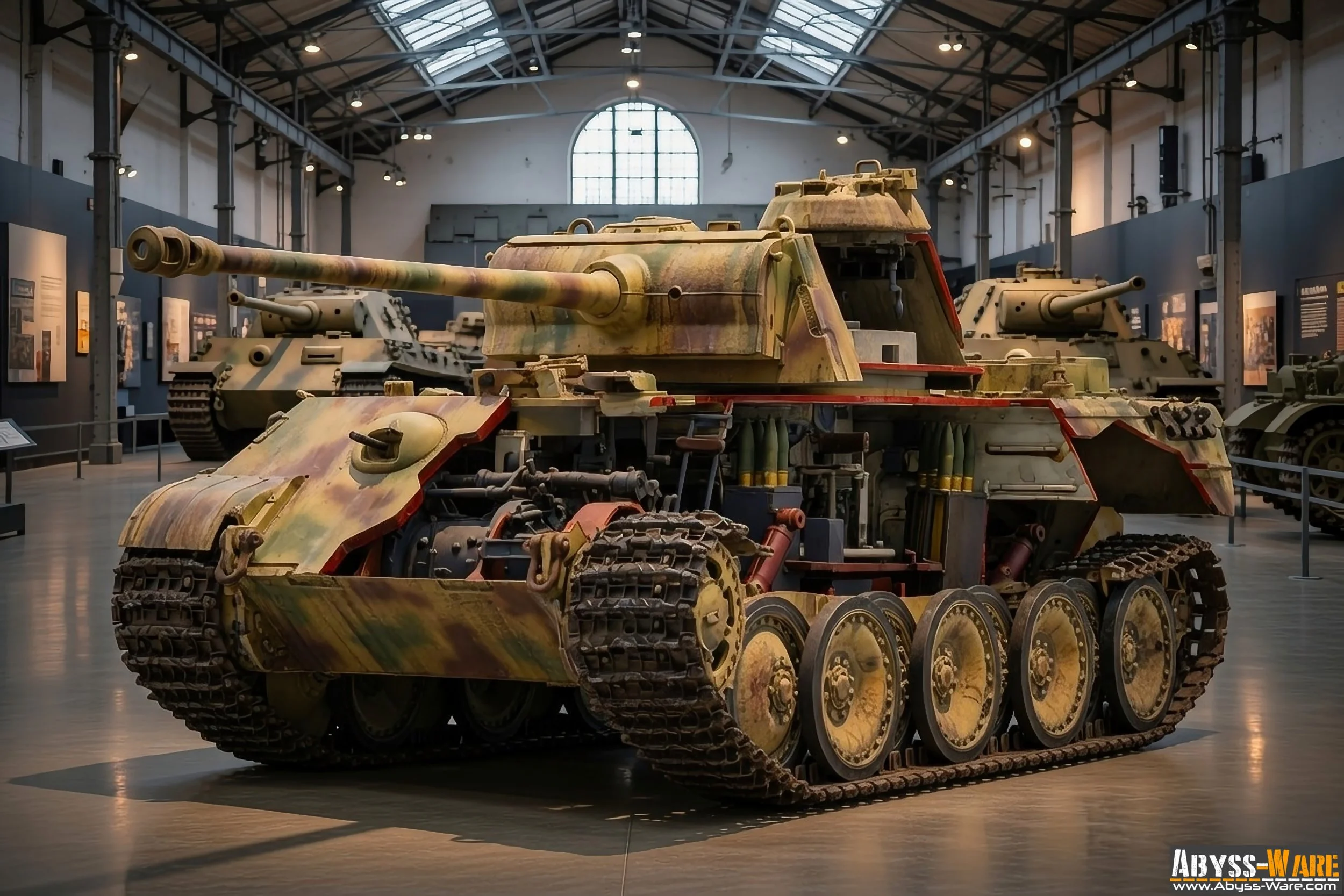 A historic military tank on display in a museum with other tanks and informational posters in the background.