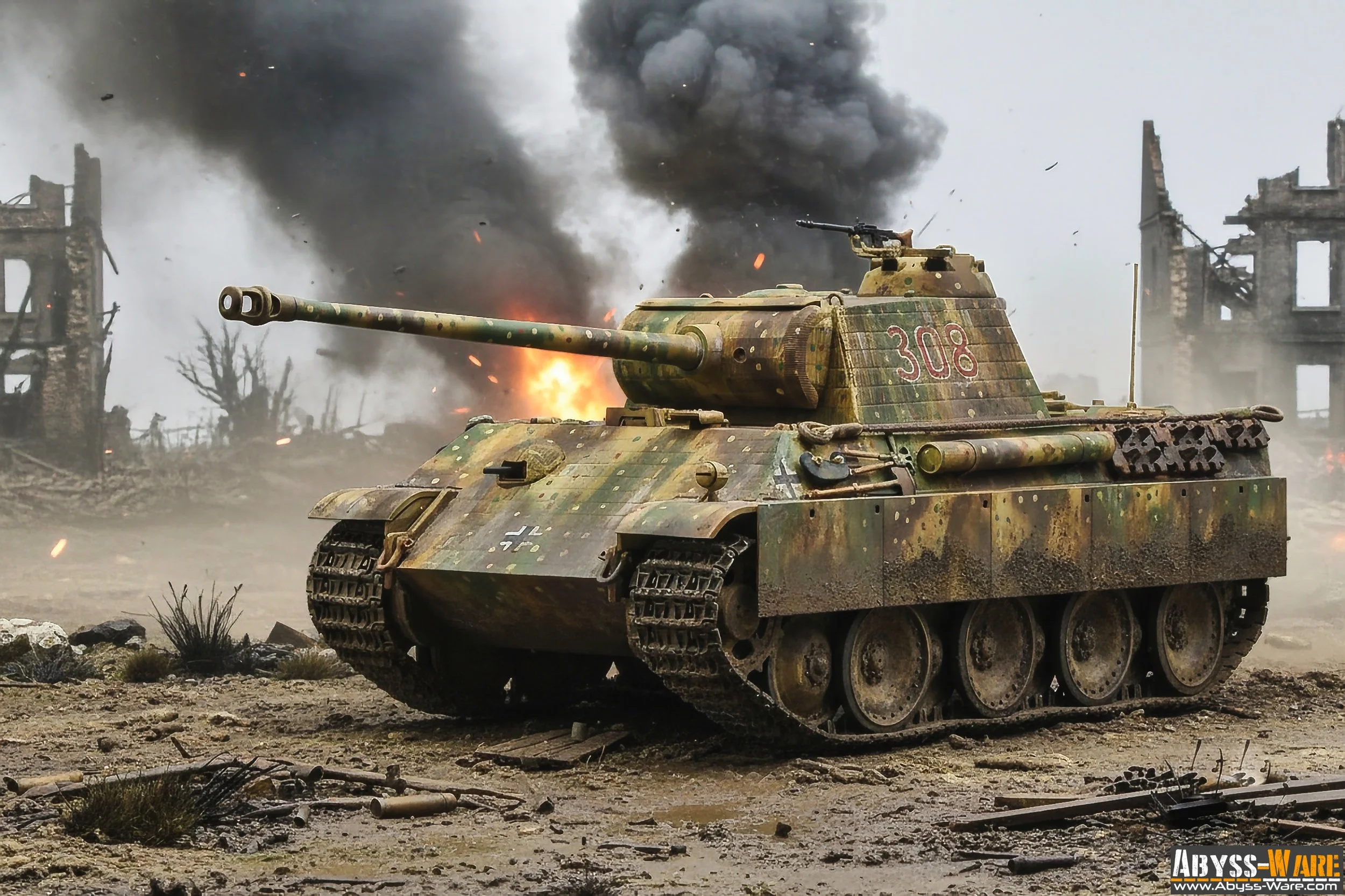 A tank with the number 308 is in a war-torn landscape with ruins and smoke, and a building behind it is on fire with dark smoke rising into the sky.