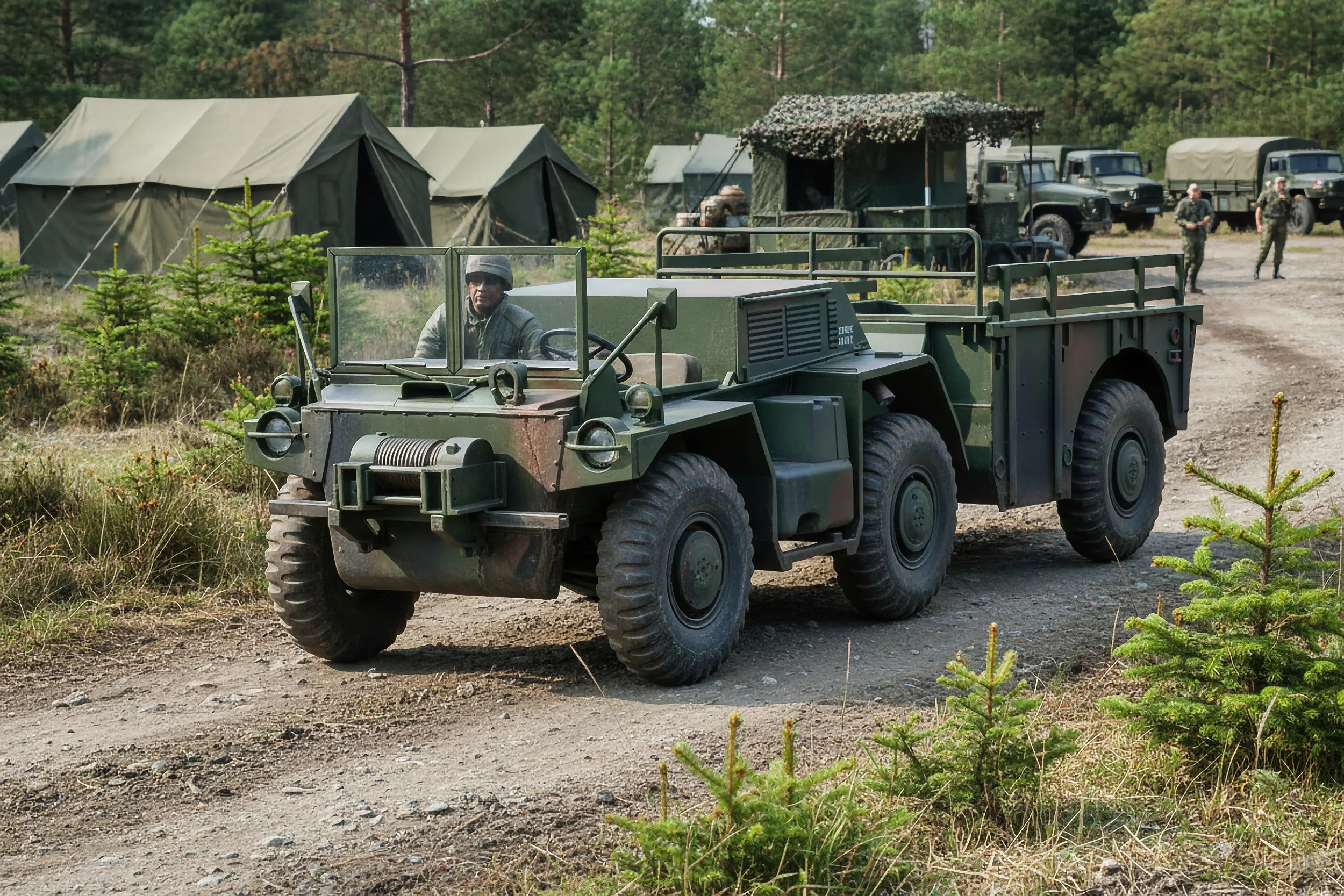 Military personnel in a camouflage uniform walking outside a camp with tents surrounded by trees and forest, with a military vehicle driving on a dirt path in the foreground.