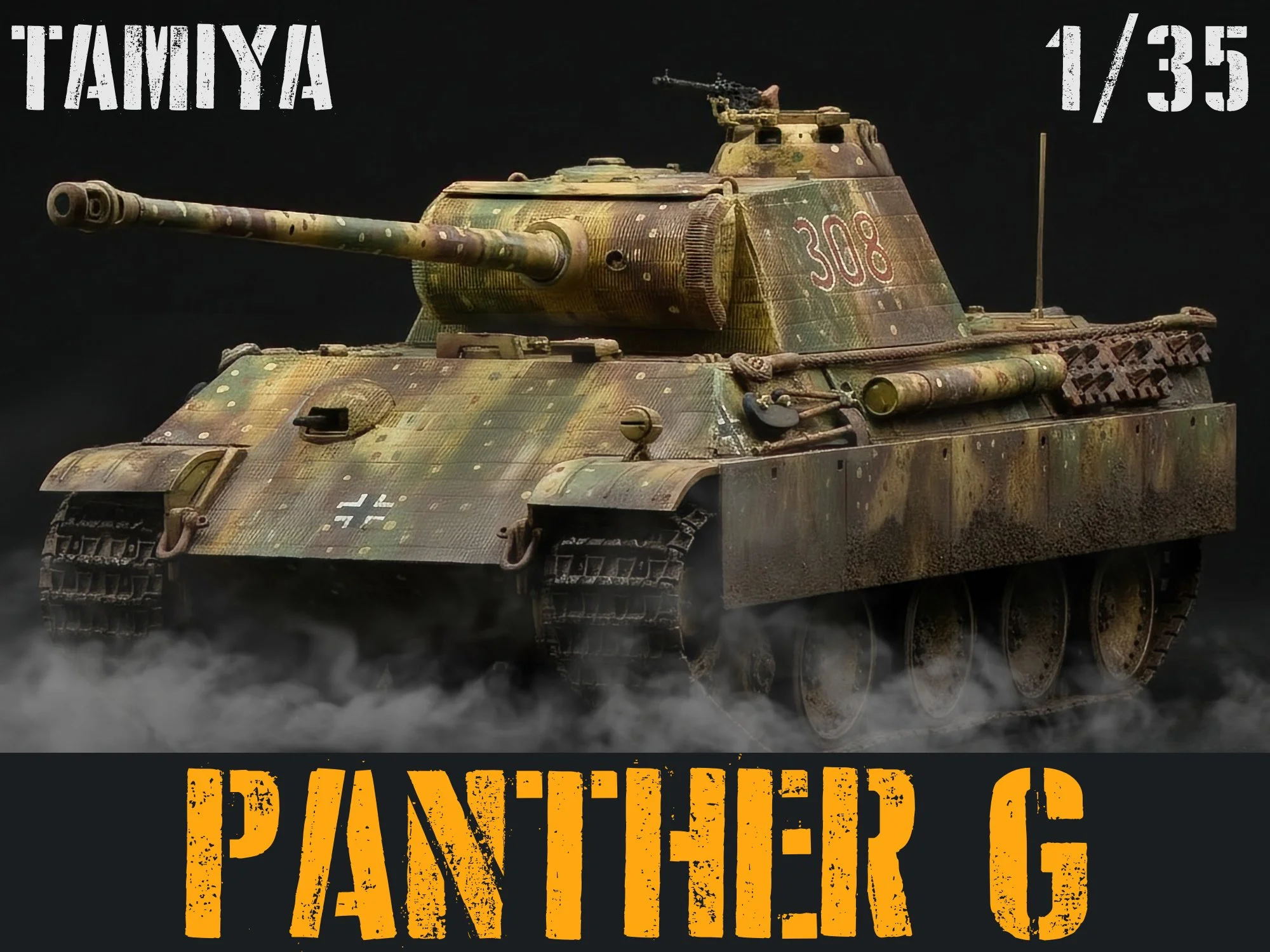 Model of a battle tank with camouflage paint, numbers 308 on the turret, Tamiya branding in the top left corner, and the text PANTHER G at the bottom. The tank appears to be on a foggy or smoky surface.