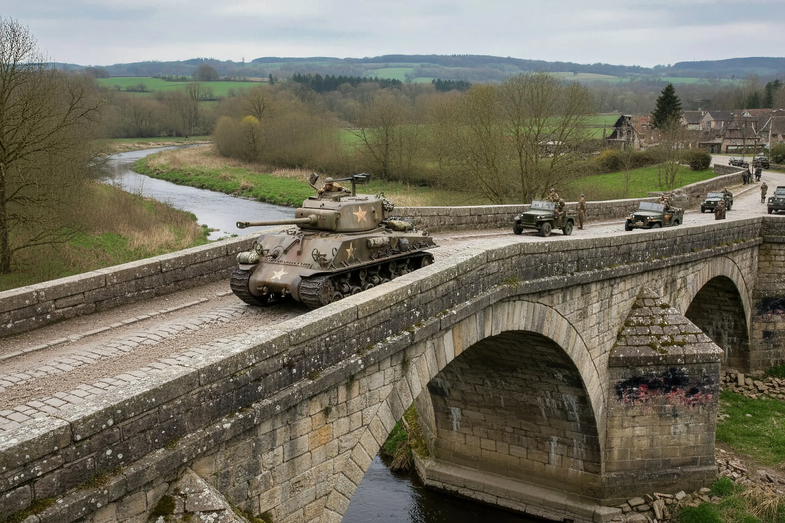 A military convoy with a tank and several jeeps crossing a stone bridge over a river in a rural area.