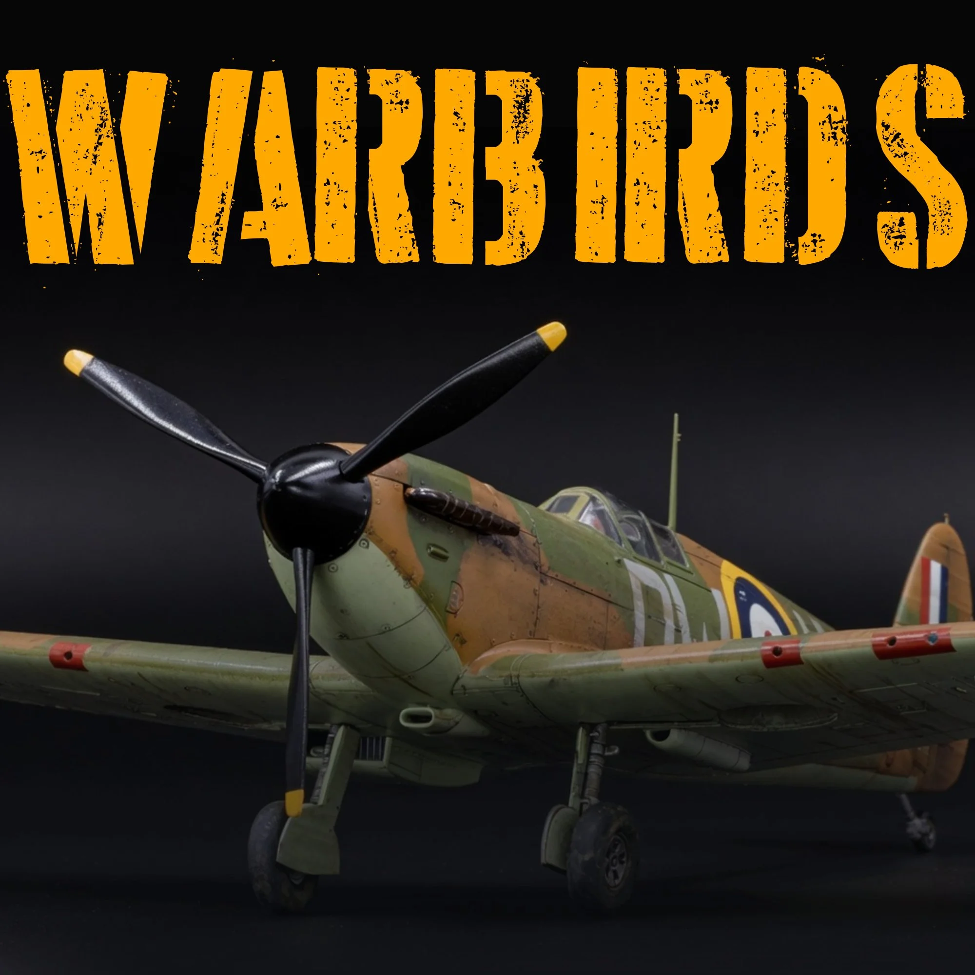 A military aircraft with camouflage paint and yellow and blue markings, positioned on the ground against a black background.