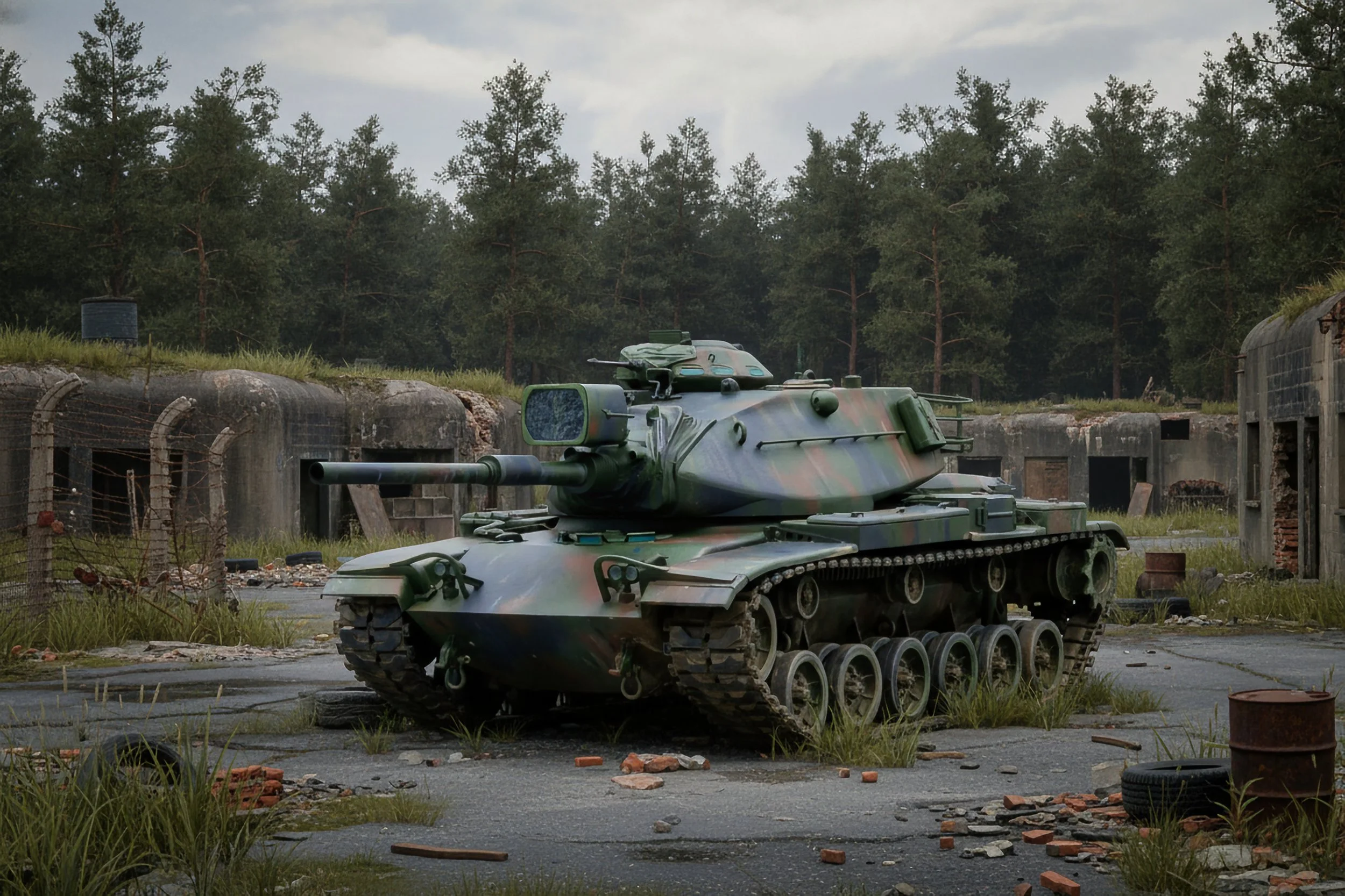 A military tank with camouflage paint in a deserted, grassy area surrounded by concrete structures and trees.