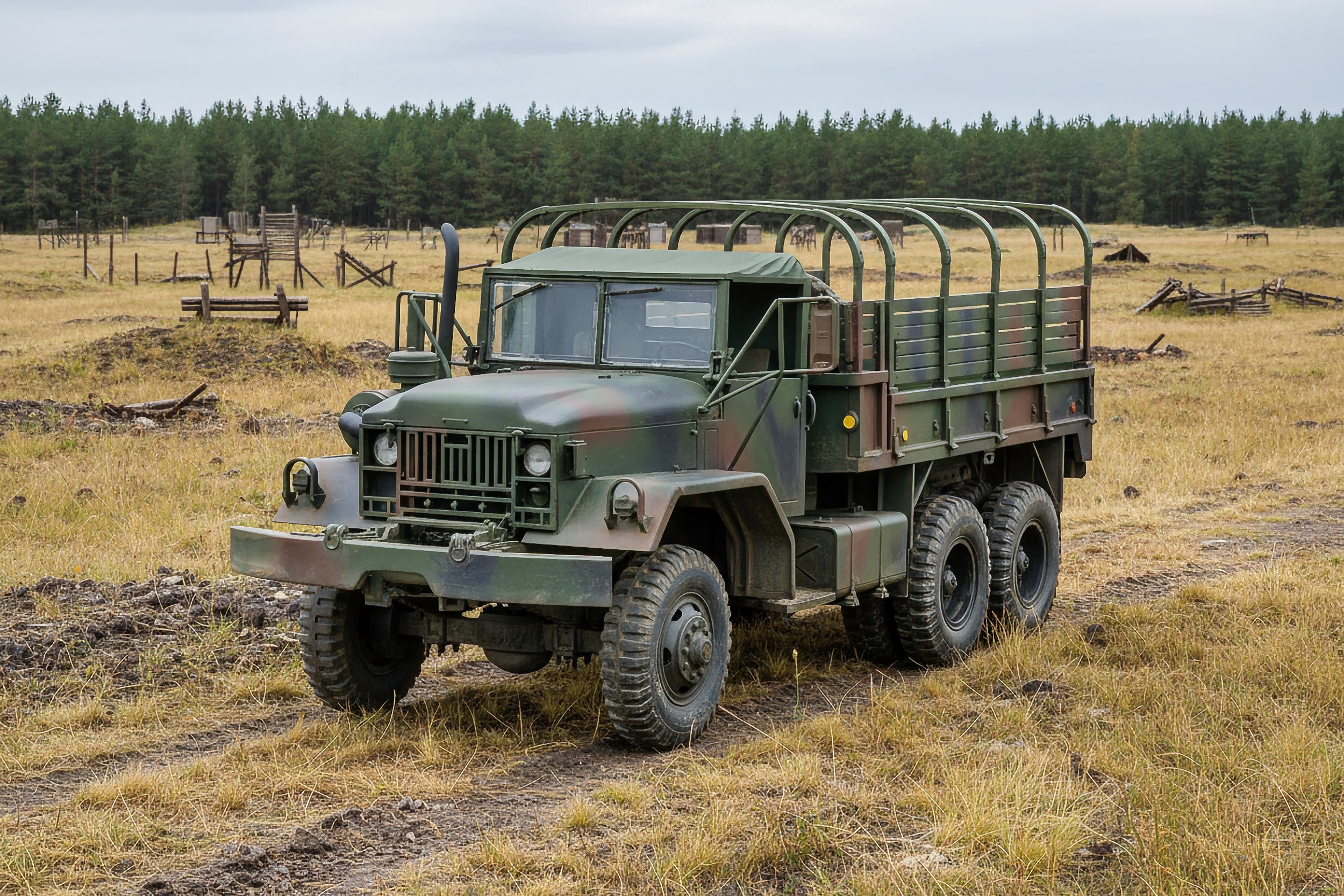 Military-style truck on dirt road in open field with sparse grass and wooden fencing, trees in the background, overcast sky.
