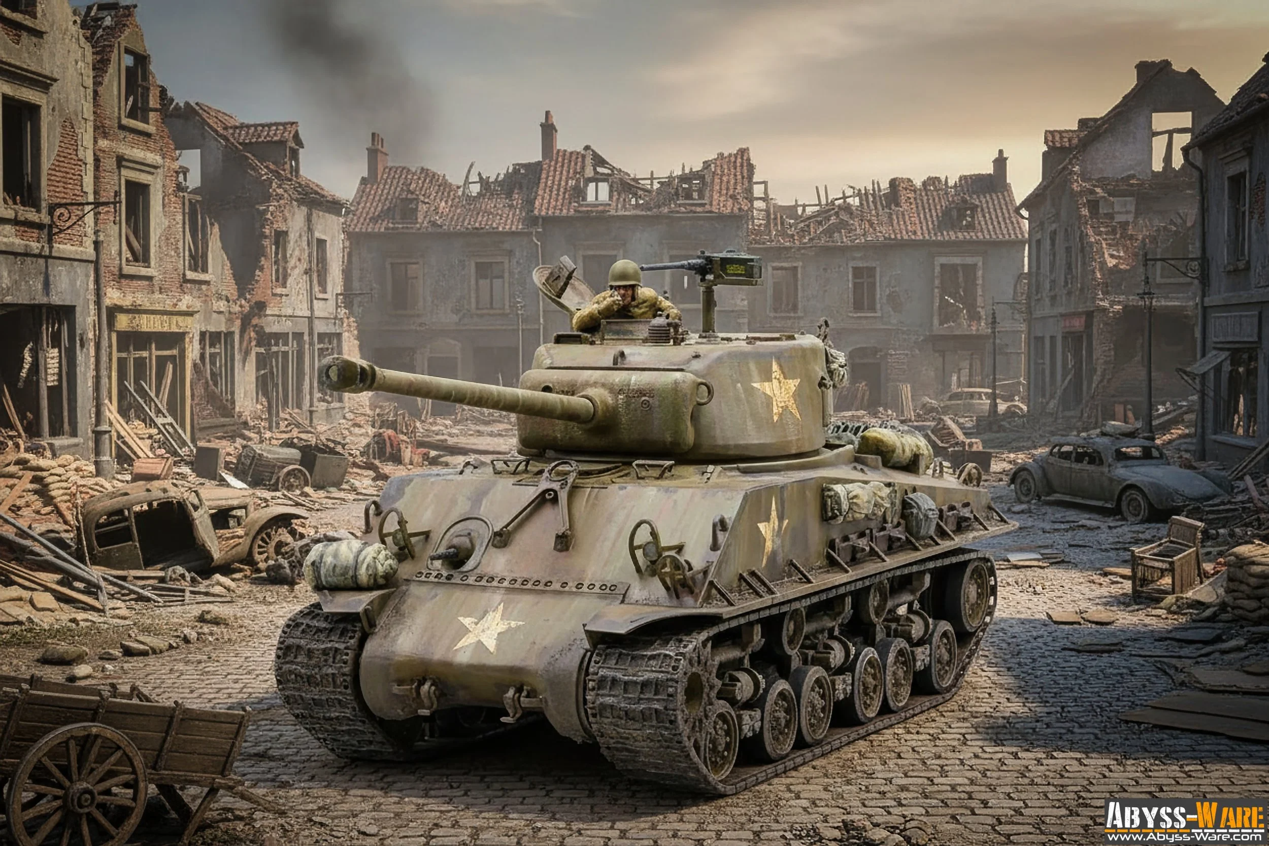 A military tank moving through a war-torn city with destroyed buildings and abandoned cars.