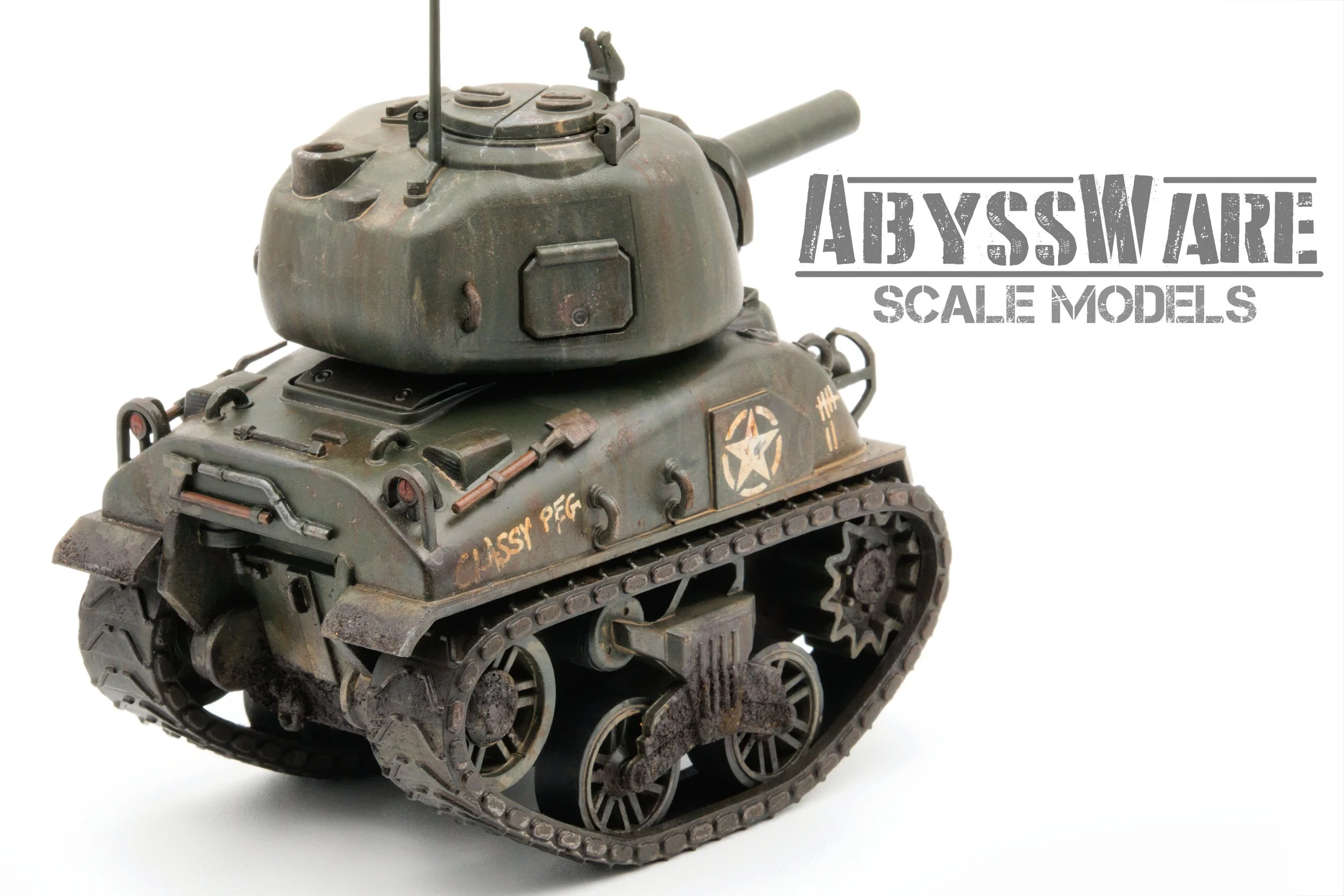 A detailed scale model of a weathered SHERMAN toon tank with green paint, tracks, and markings, alongside text that reads 'ABYSSWARE Scale Models'.