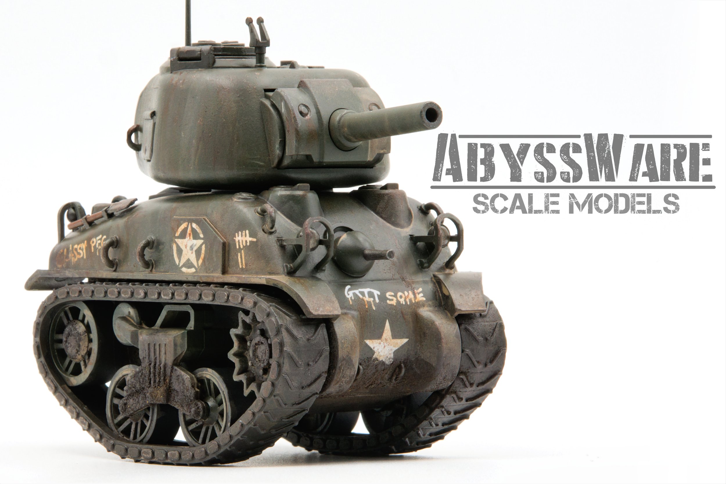 Scale model of a SHERMAN toon tank with military markings and graffiti, accompanied by the text 'Abyssware Scale Models'.