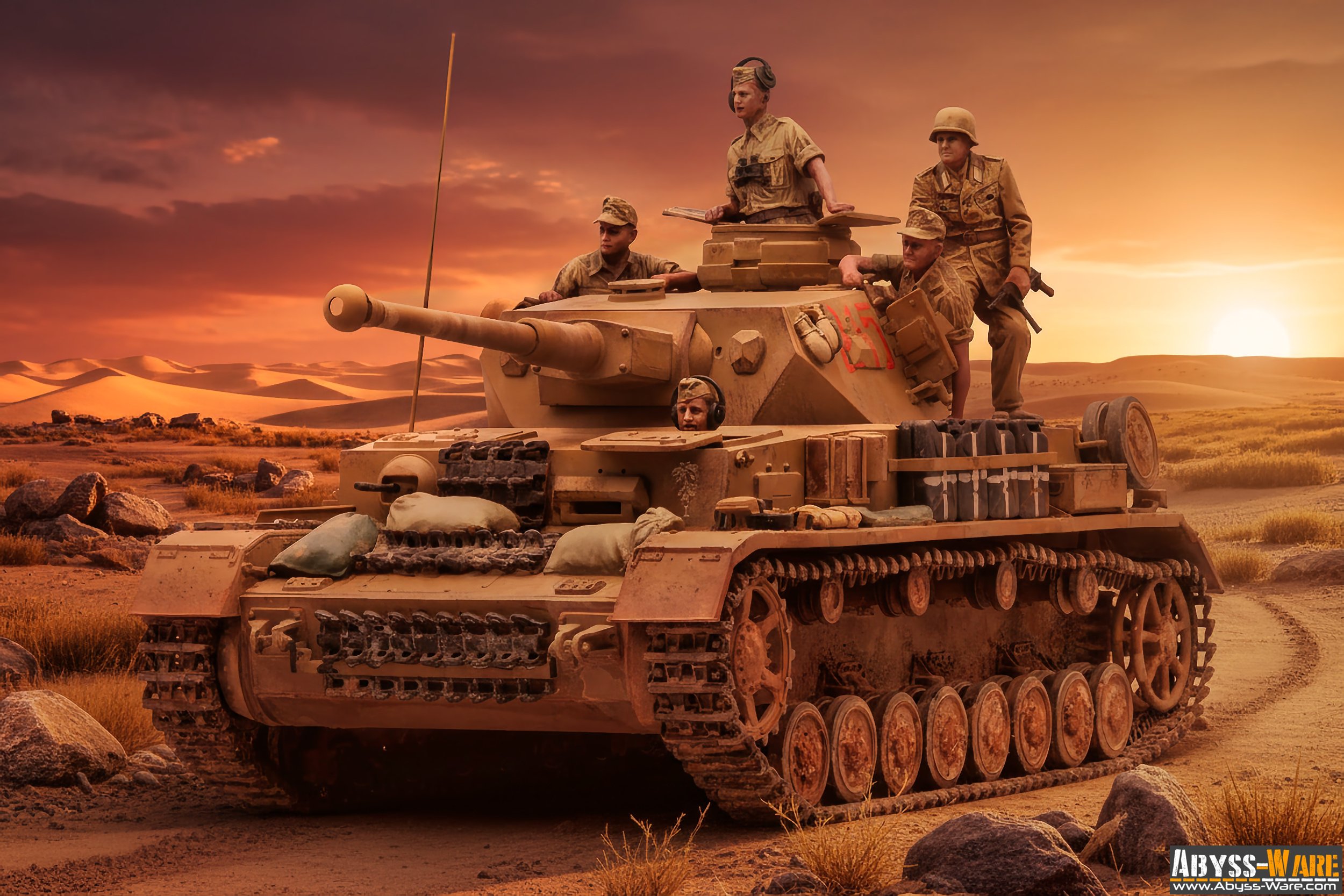A military tank with soldiers on and inside it, set against a desert sunset background.