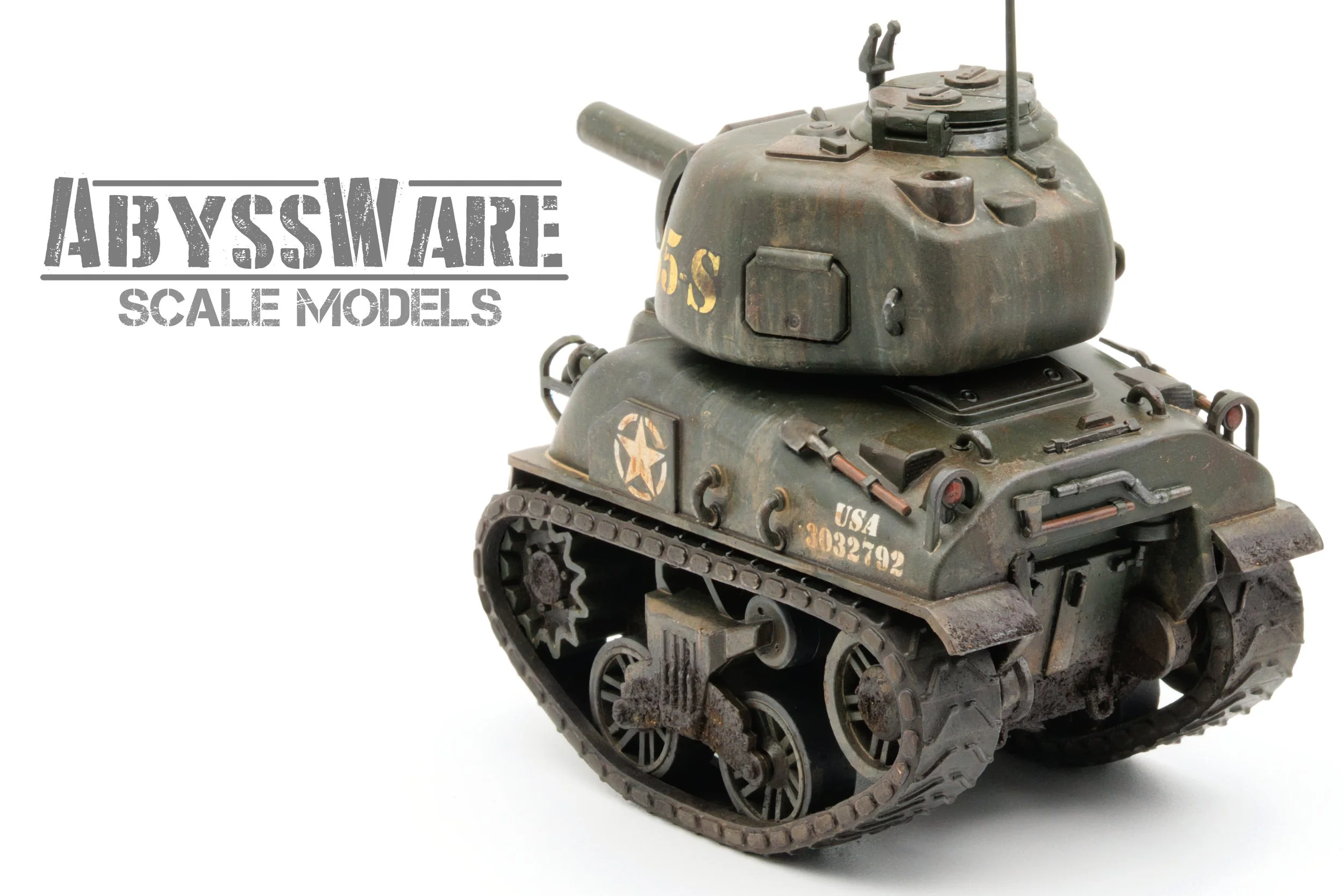 A detailed scale model of a SHERMAN toon tank with weathered green paint, tank treads, and markings, placed against a white background, with the text "ABYSSWARE SCALE MODELS" on the left side.
