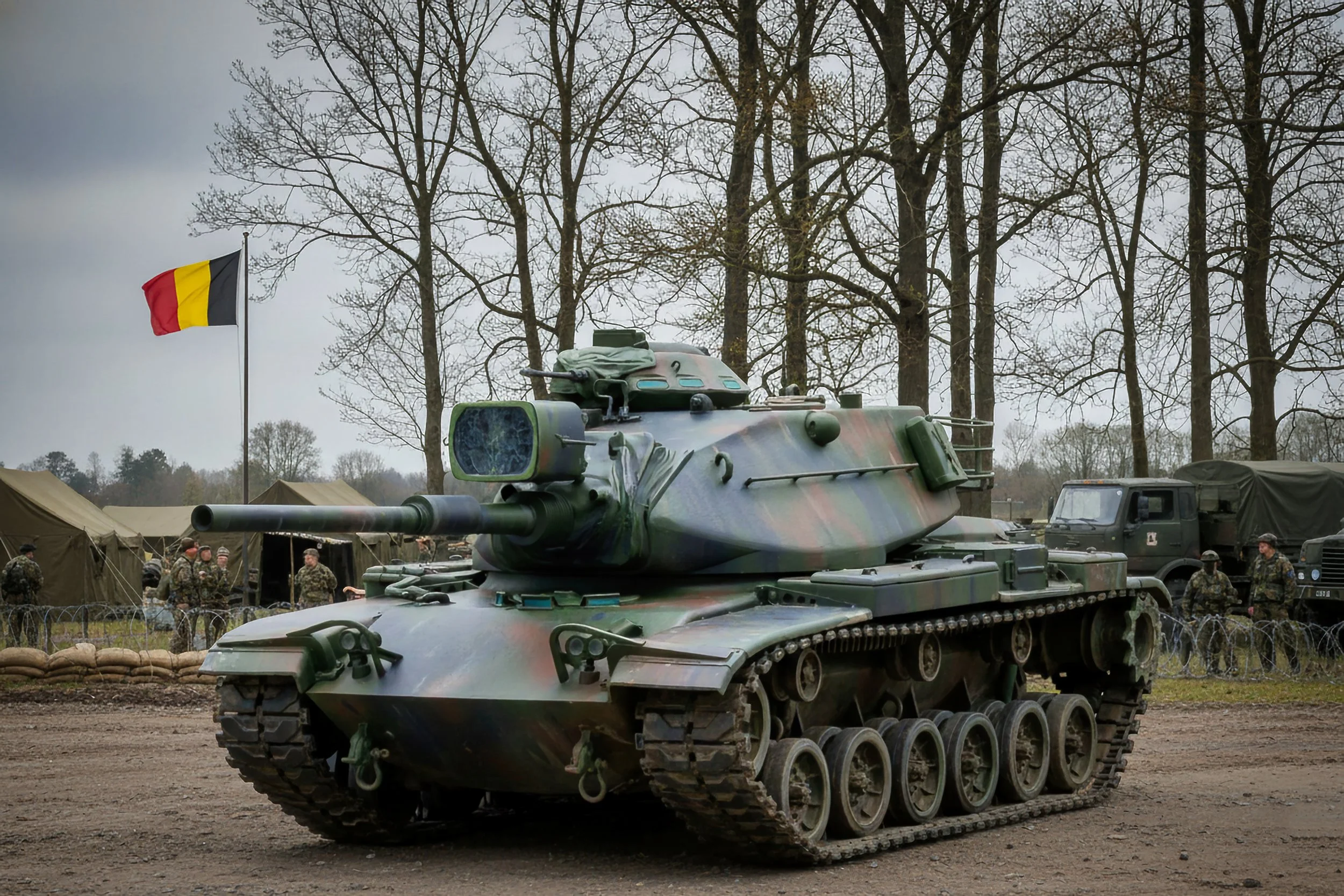 A military tank in a field with a Belgian flag, surrounded by soldiers and military vehicles, trees in the background.