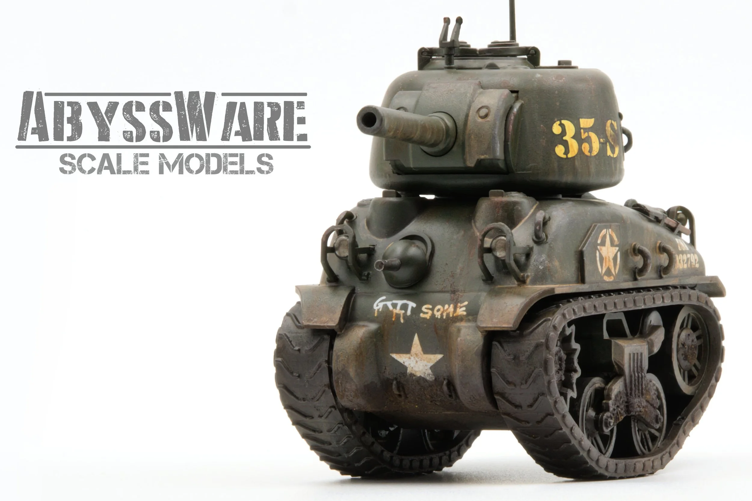 A detailed scale model of a vintage SHERMAN toon military tank with tracked wheels, weathered paint, and military markings, set against a plain white background with the text 'Abyssware Scale Models' on the left side.