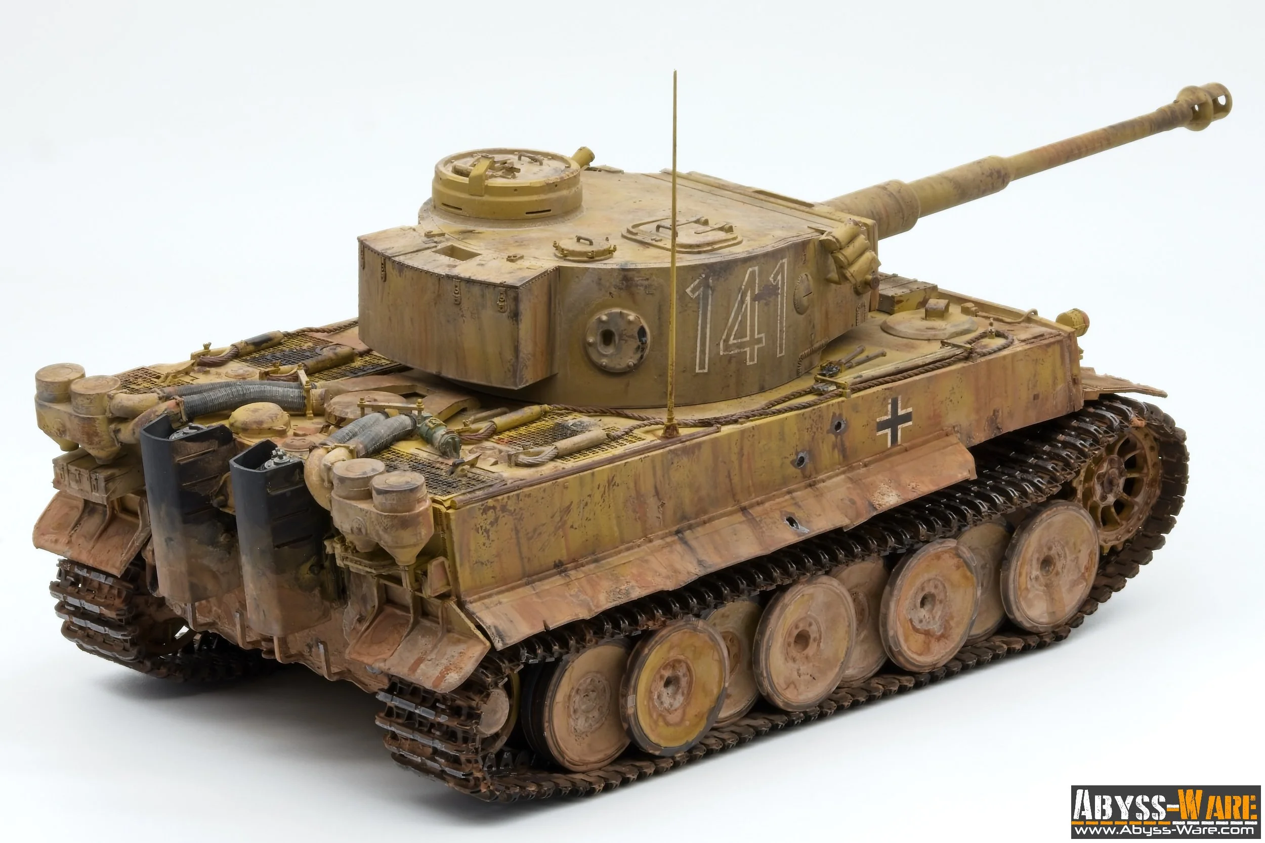 Model of a German WWII tank with a weathered, dusty appearance, painted in camouflage colors, featuring the number 141 and a black cross on its side, against a plain white background.