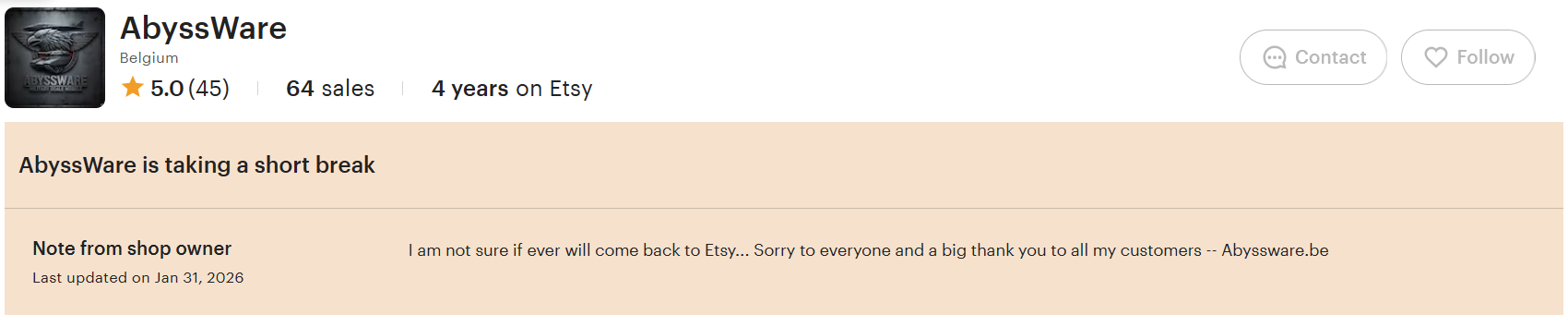 Etsy shop page for AbyssWare, a Belgium seller, with a 5-star rating based on 45 reviews, displaying over 64 sales and four years on Etsy. The shop is currently on a short break, with a note from the owner apologizing and thanking customers.