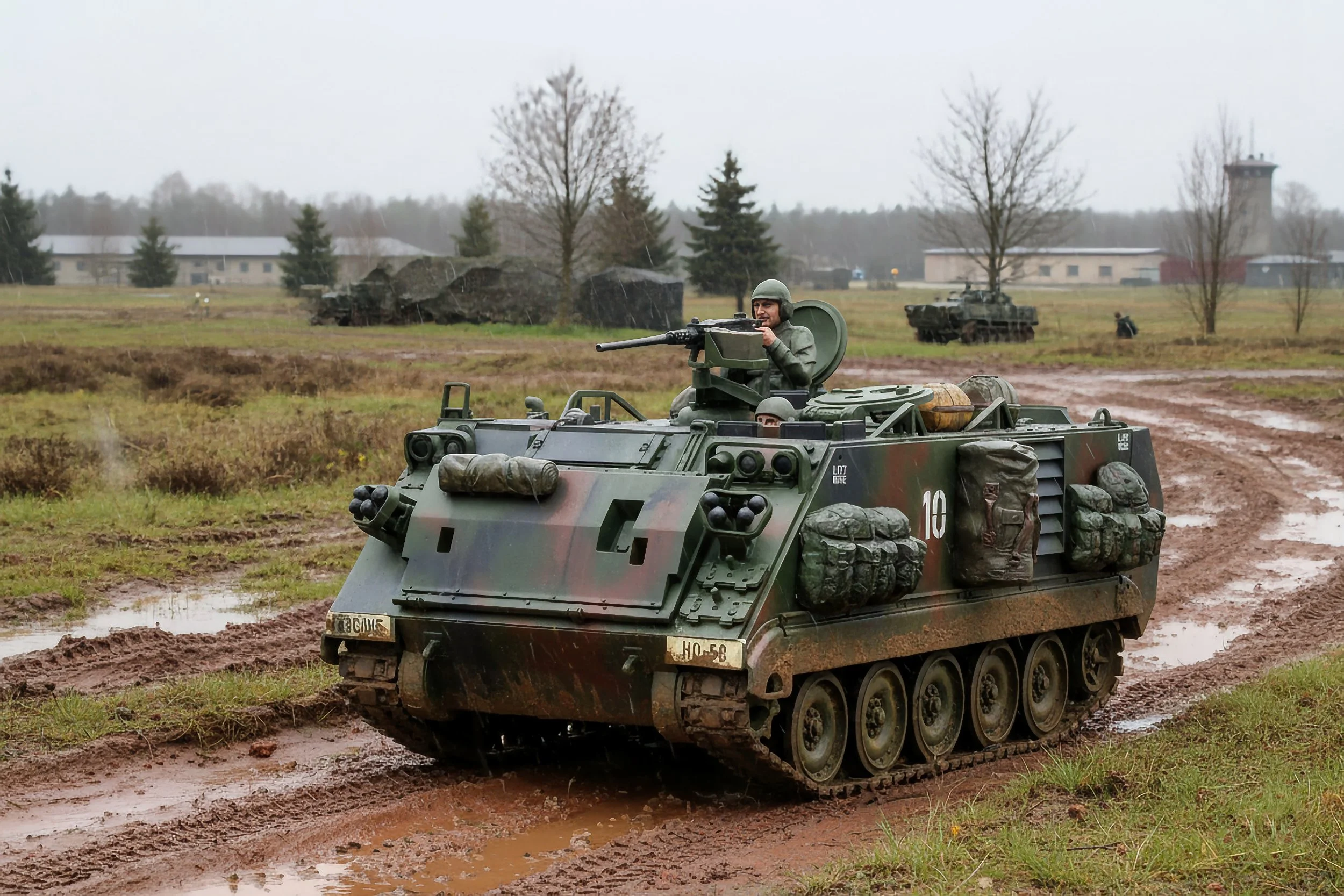A military vehicle driving on a muddy field with soldiers and tanks in the background on a rainy day.