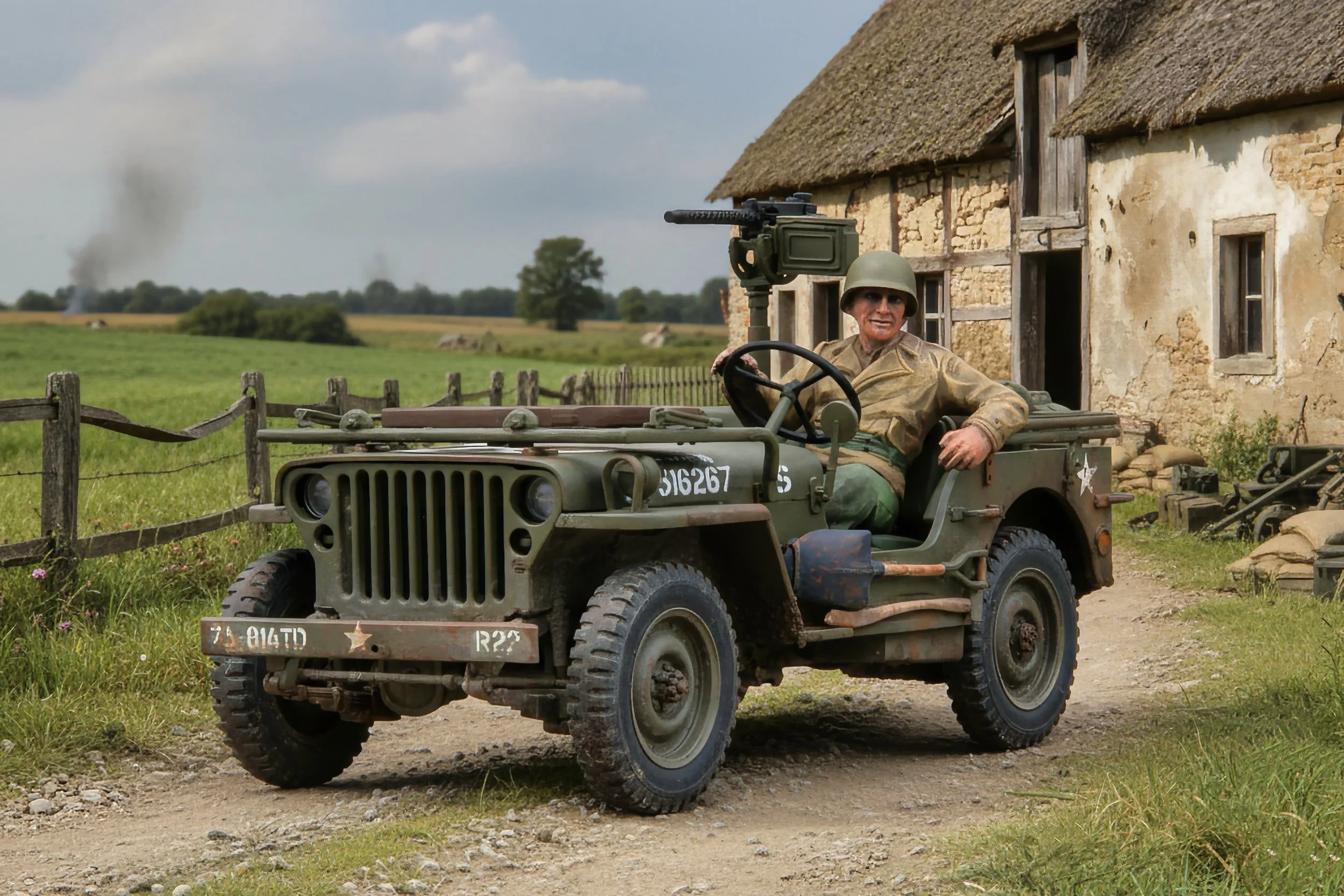 A soldier sitting in a vintage military jeep with a mounted machine gun, in front of a rustic house in a rural area.