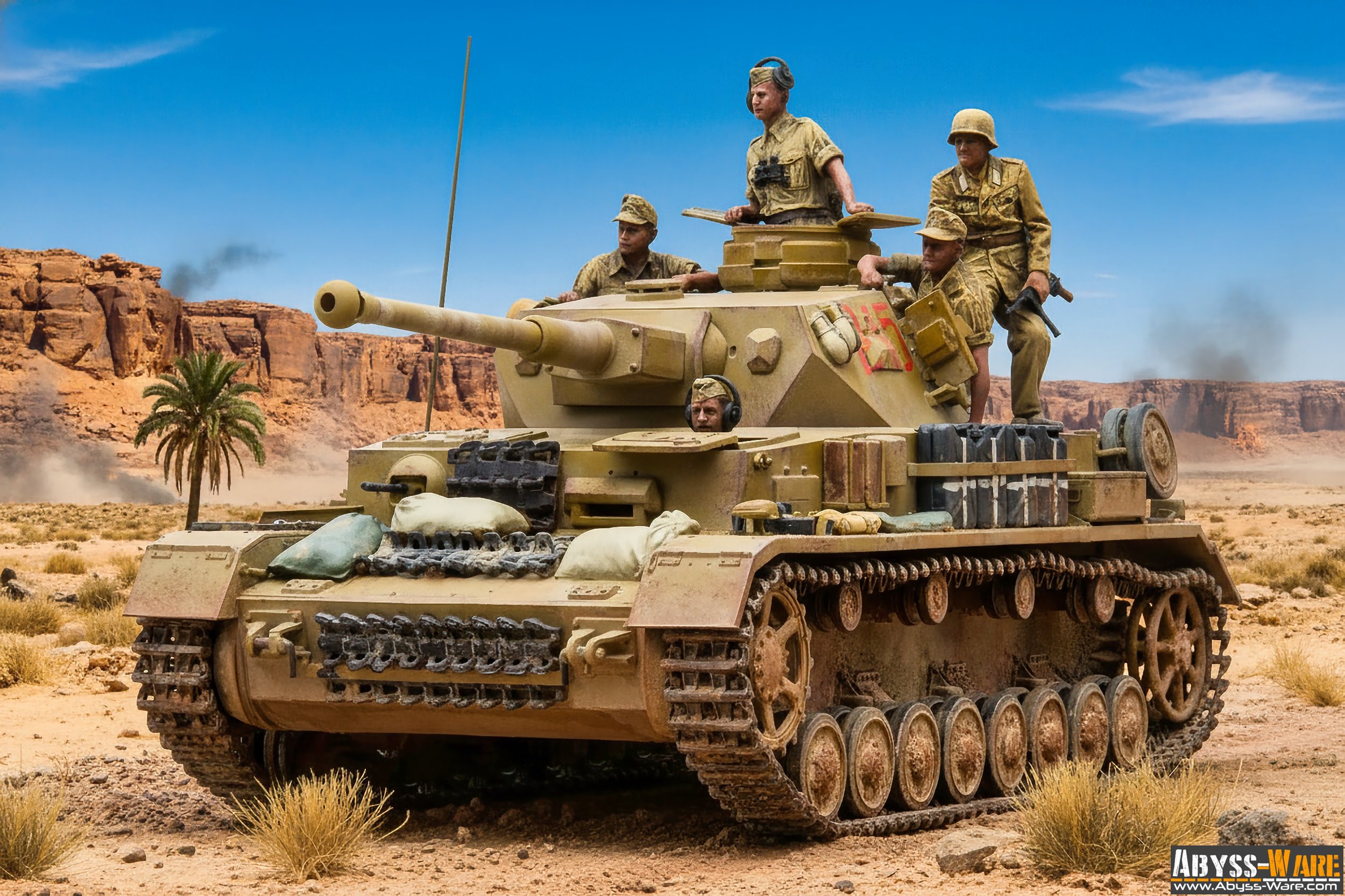 Miniature military tank with five soldiers, in a desert landscape with cliffs and a palm tree in the background.
