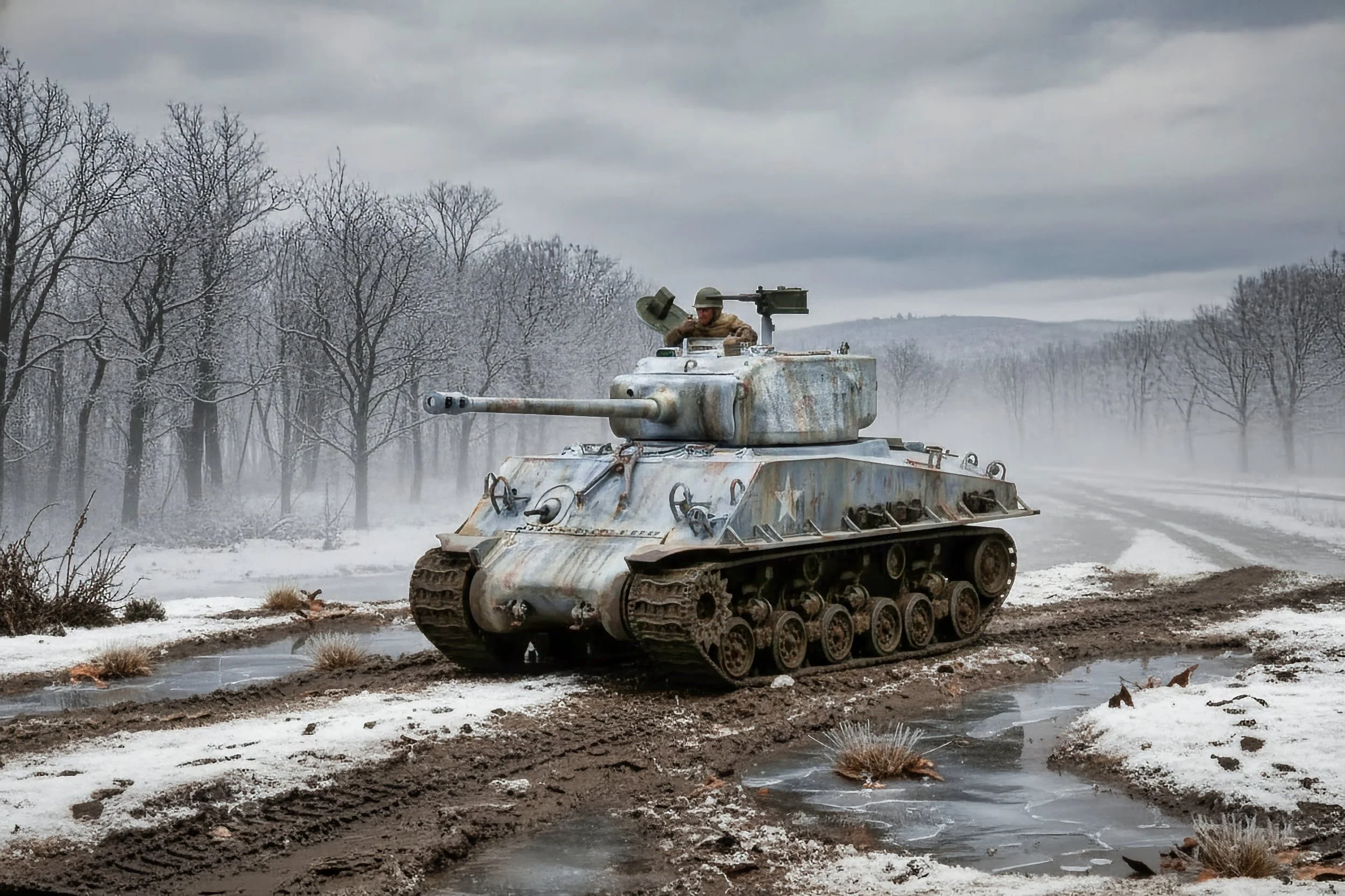 A military tank on a muddy, snowy landscape with leafless trees in the background during overcast weather.