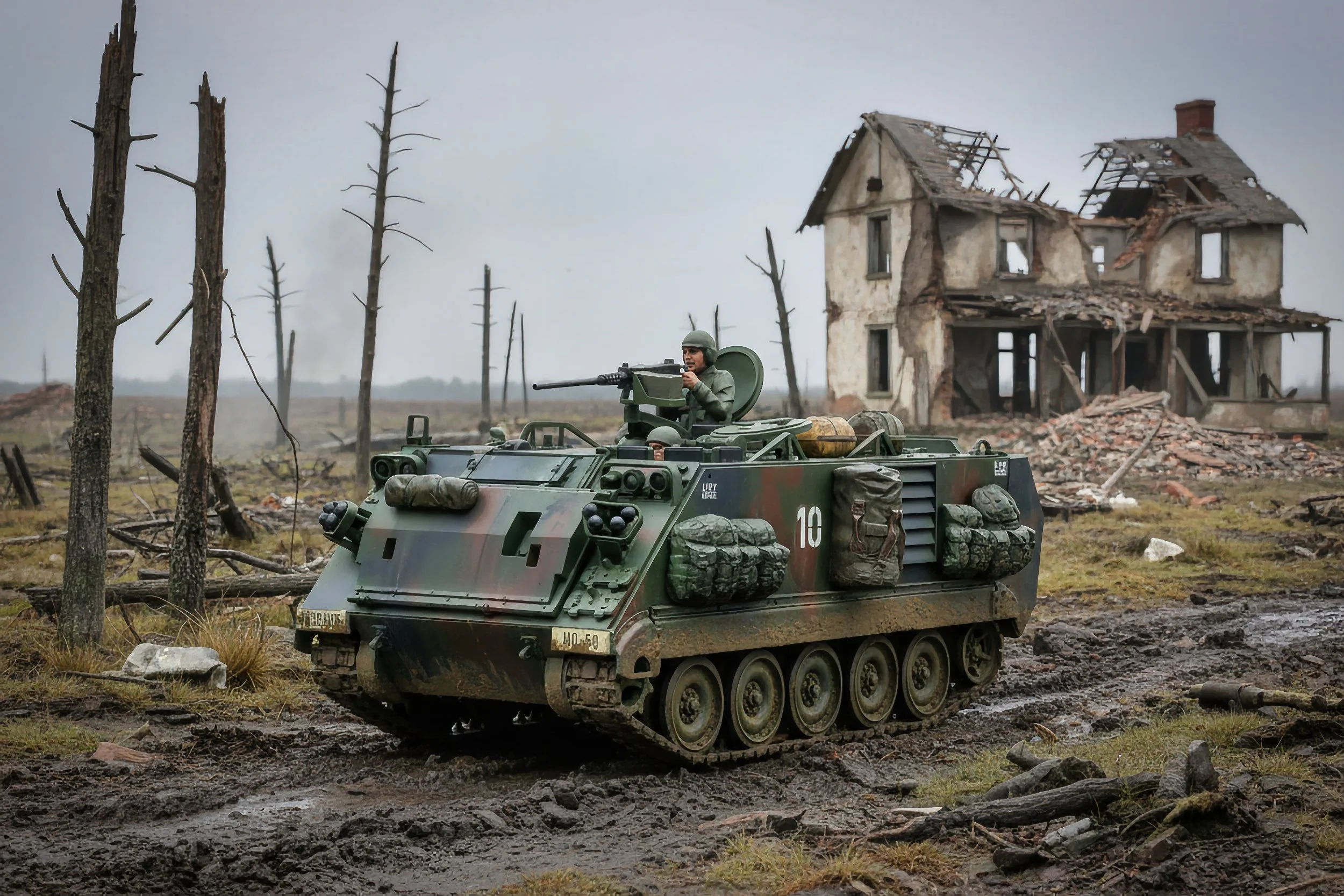 A military tank with a soldier on top, situated in a war-torn landscape with a destroyed house and barren trees in the background.