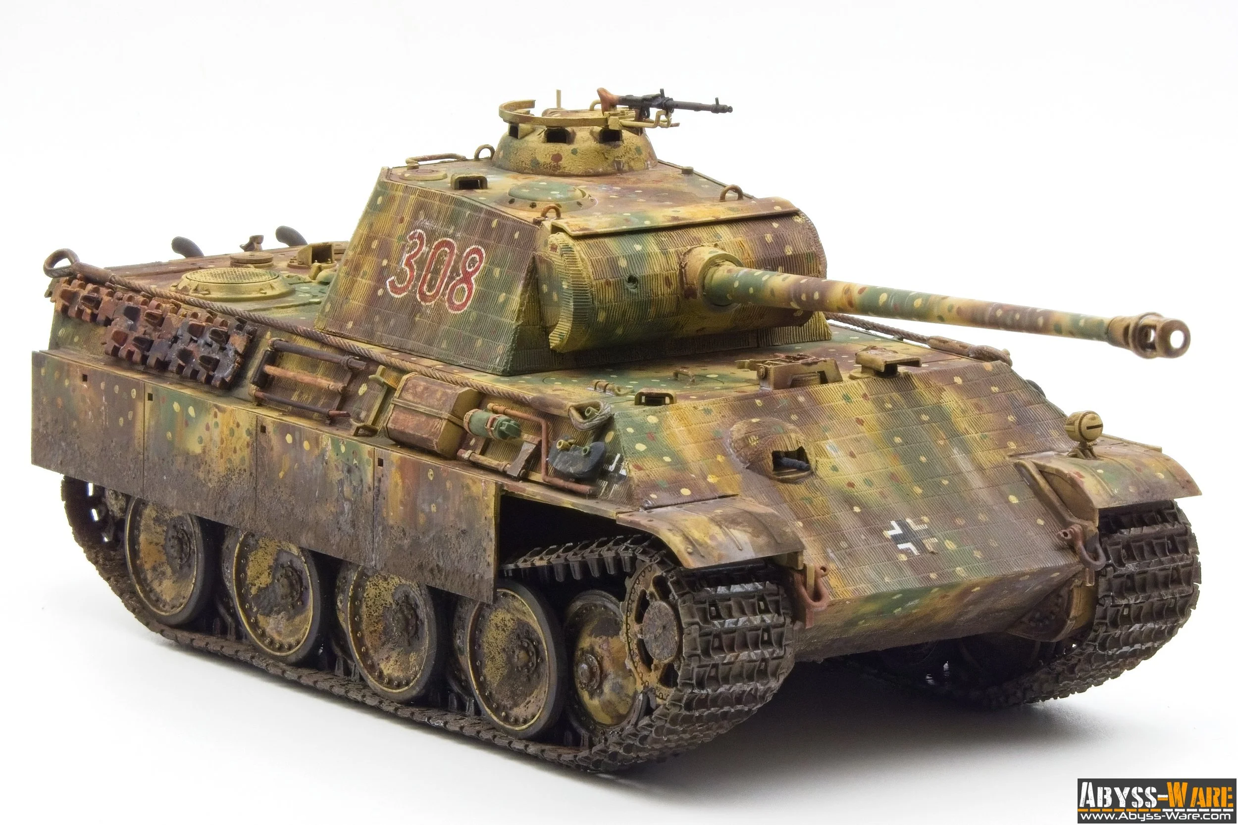 Model of a German WWII tank with camouflage paint, the number 308 on the turret, and a machine gun mounted on top, displayed on a white background.