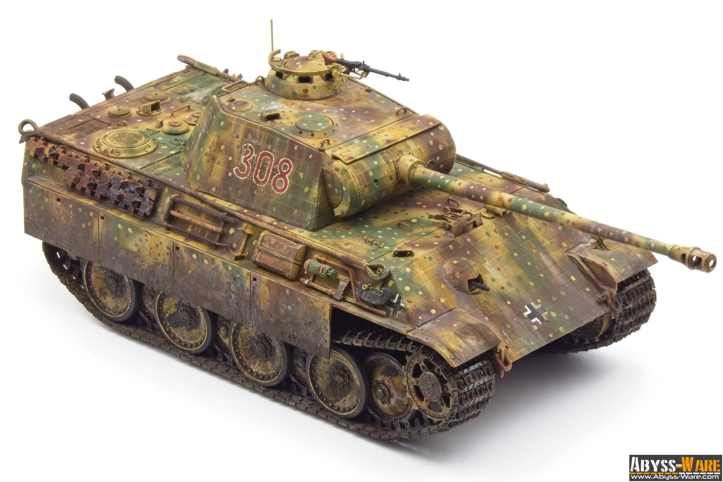 Model of a military tank with camouflage pattern, the number 308 on its turret, and a white cross insignia on the front right side.